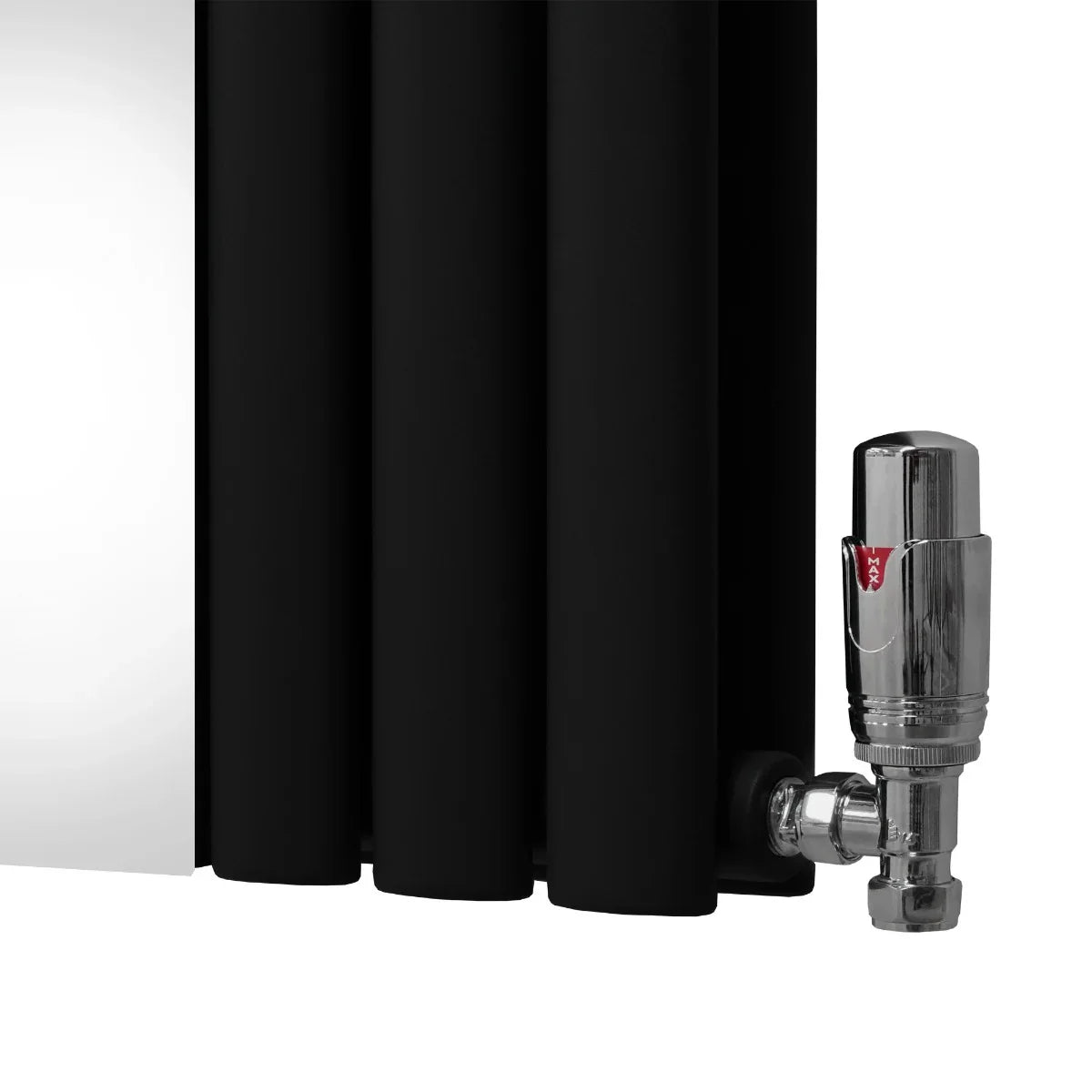 Black oval mirror radiator with sleek vertical panels and chrome valve, measuring 1800mm x 500mm, ideal for modern spaces