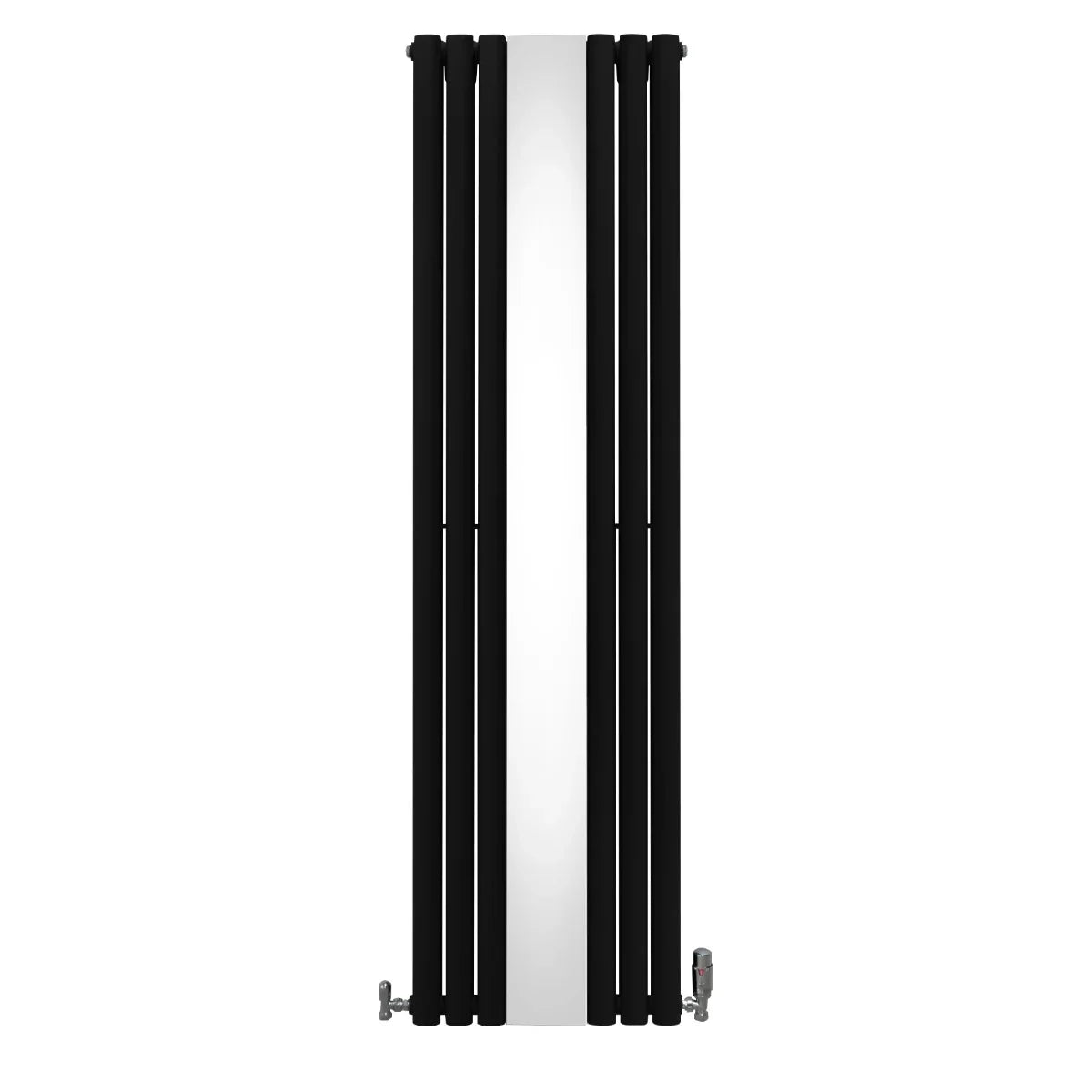 Sleek black oval mirror radiator with vertical bars, measuring 1800mm x 500mm, featuring stylish valves for modern decor