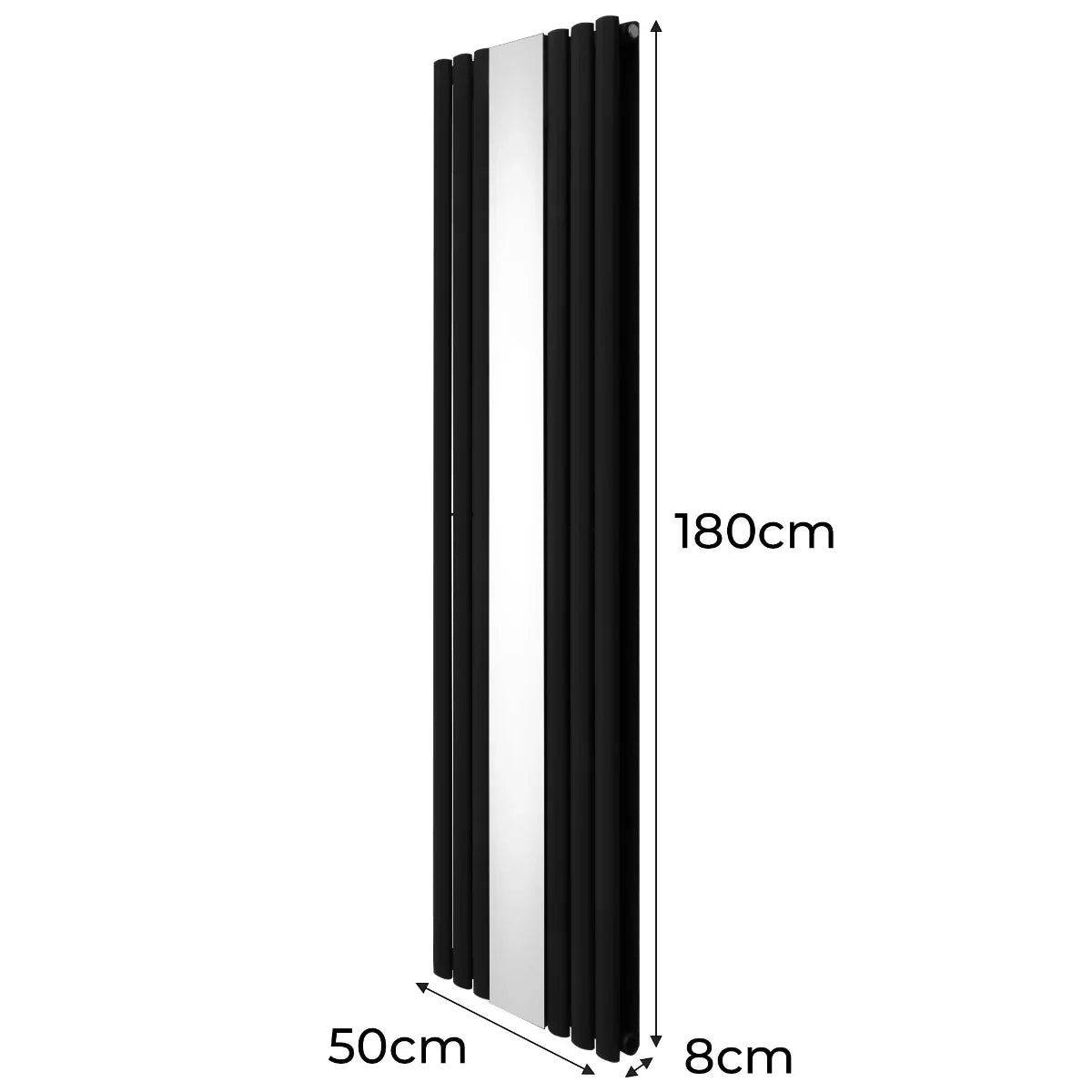 Sleek black oval mirror radiator with vertical design, measuring 1800mm x 500mm, featuring smooth reflective surface and modern lines