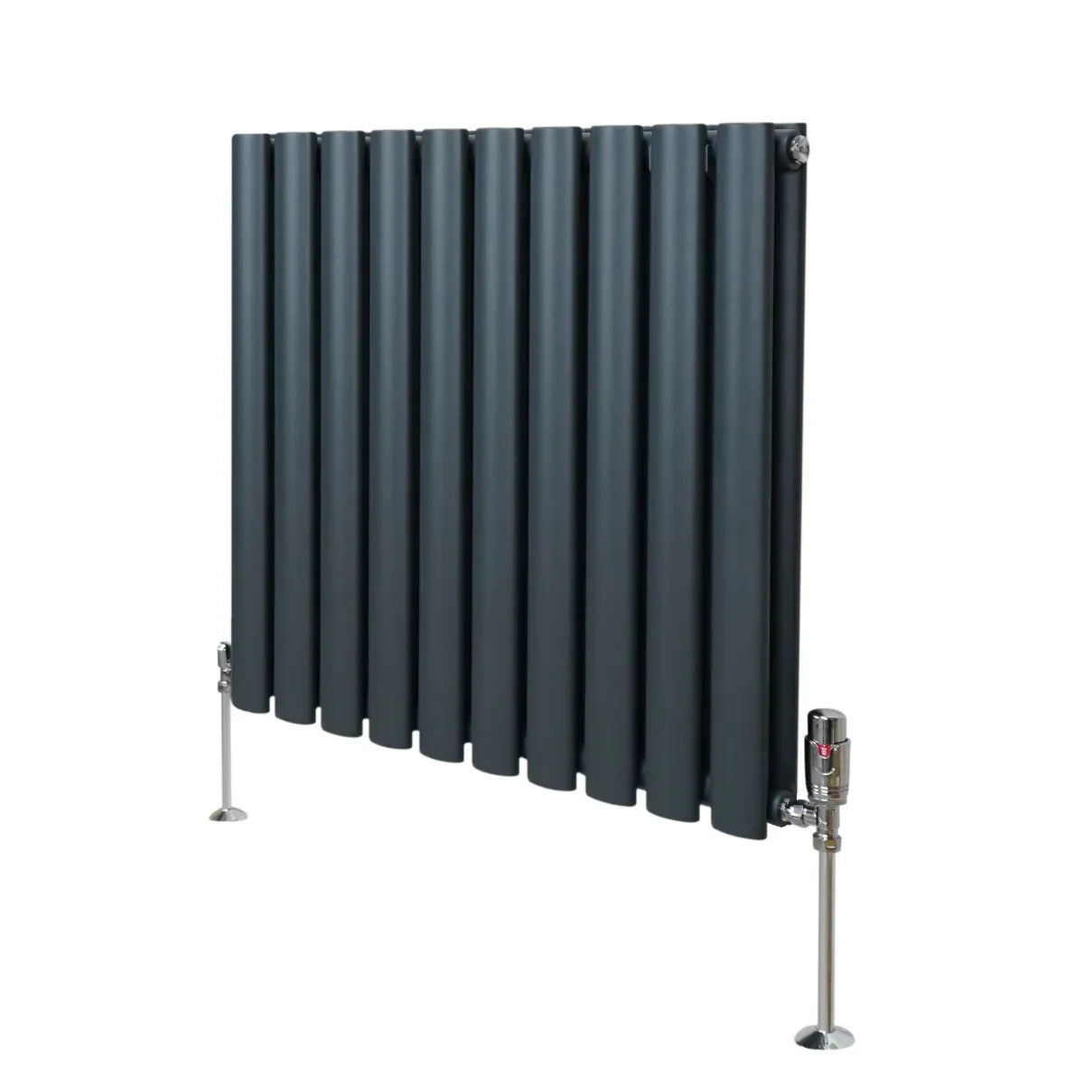 Oval column radiator in anthracite grey, featuring vertical tubes and sleek design, paired with stylish valves for modern interiors
