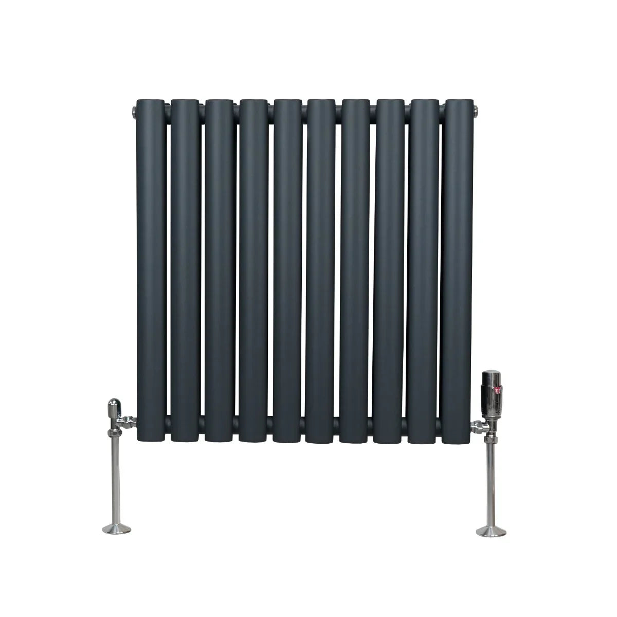 Anthracite grey oval column radiator with sleek vertical lines, featuring polished valves and a modern design, measuring 600mm x 600mm