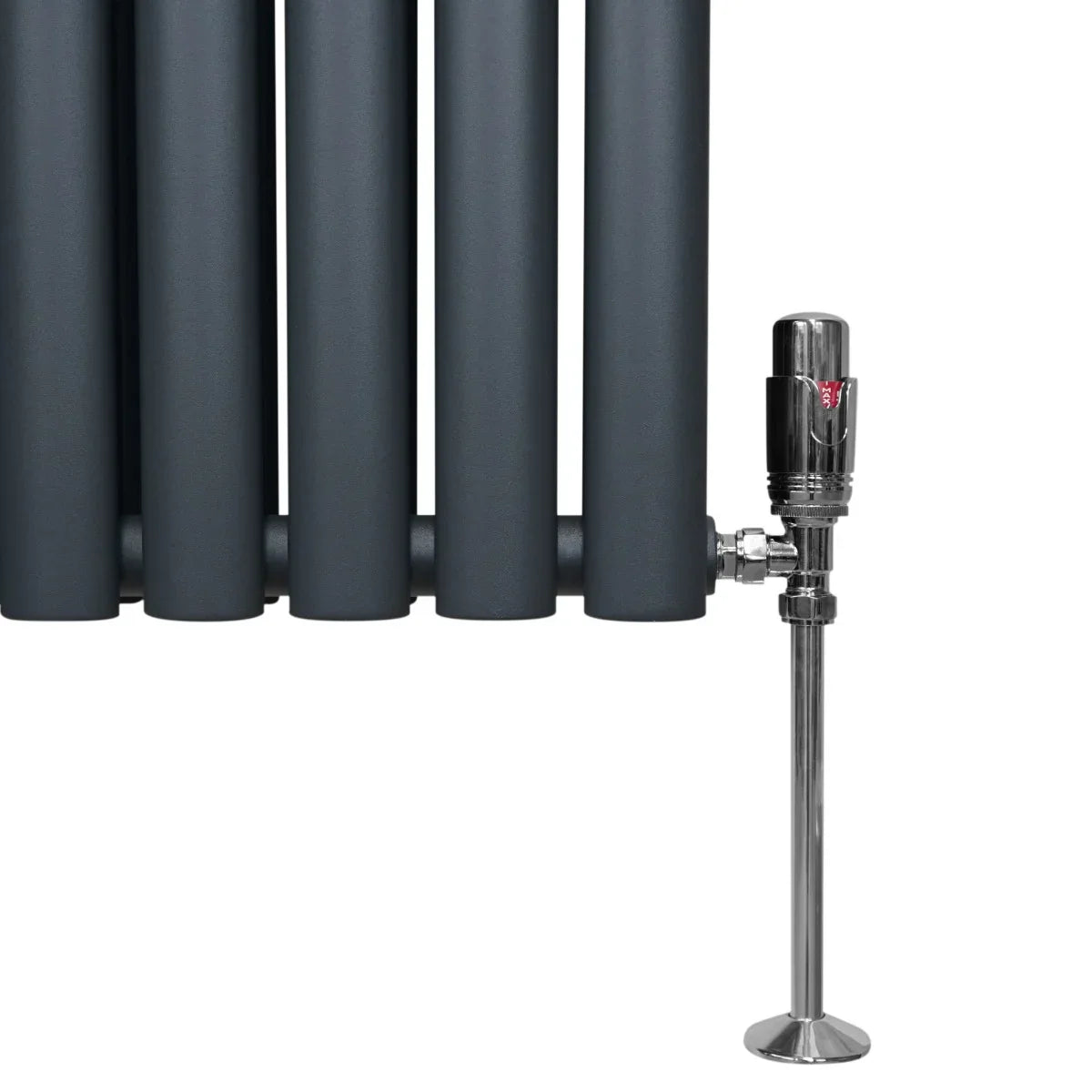 Oval column radiator in anthracite grey, featuring smooth, rounded tubes and a sleek chrome valve for modern heating solutions