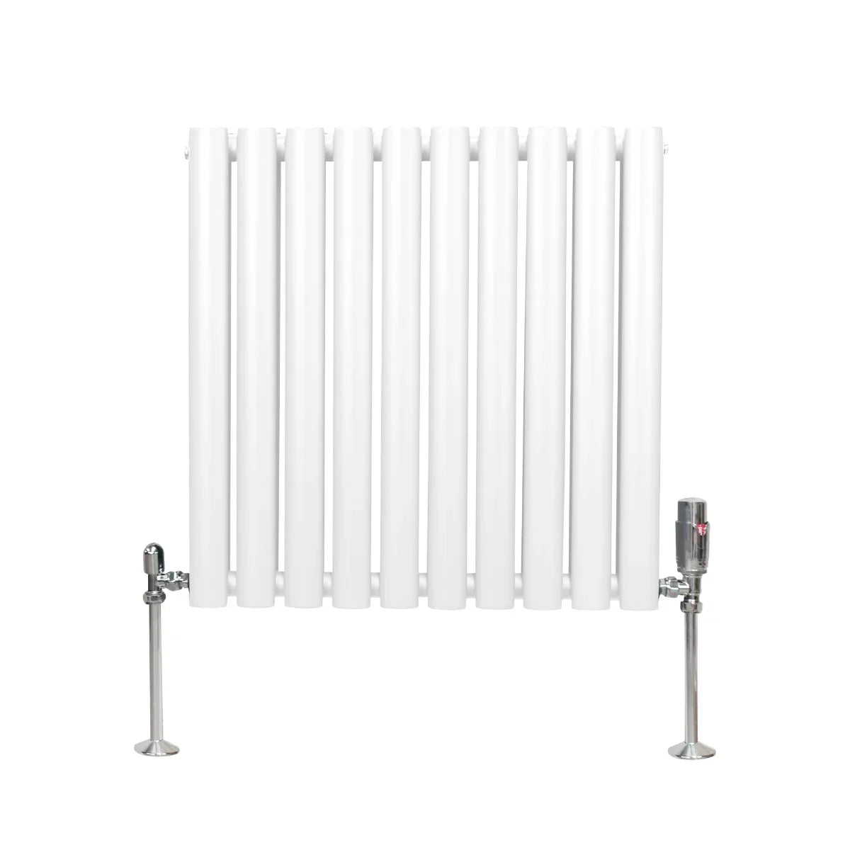 White oval column radiator with vertical bars and chrome valves, designed for efficient heating in modern interiors
