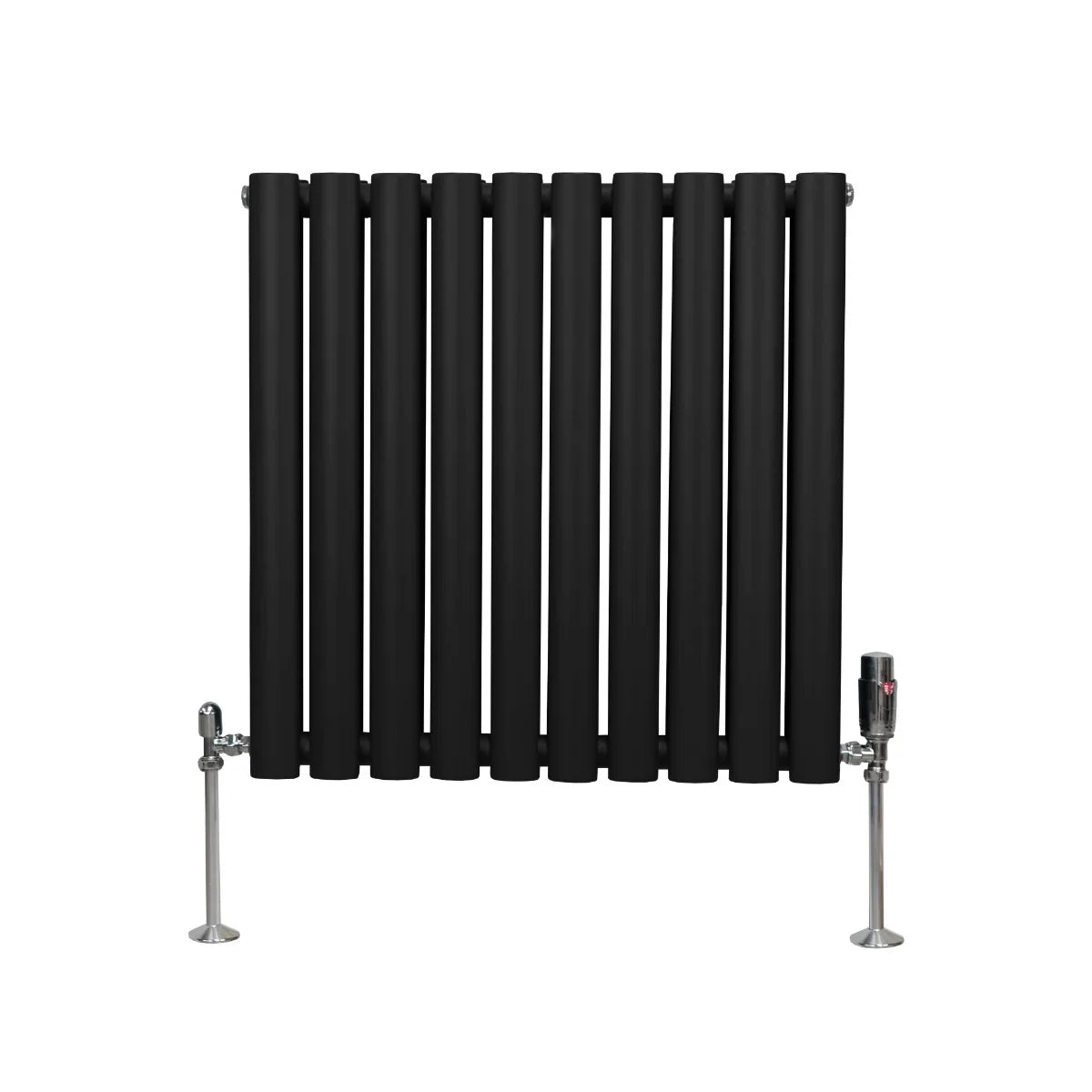 Sleek black oval column radiator with vertical bars, featuring chrome valves and a modern design, ideal for stylish heating solutions