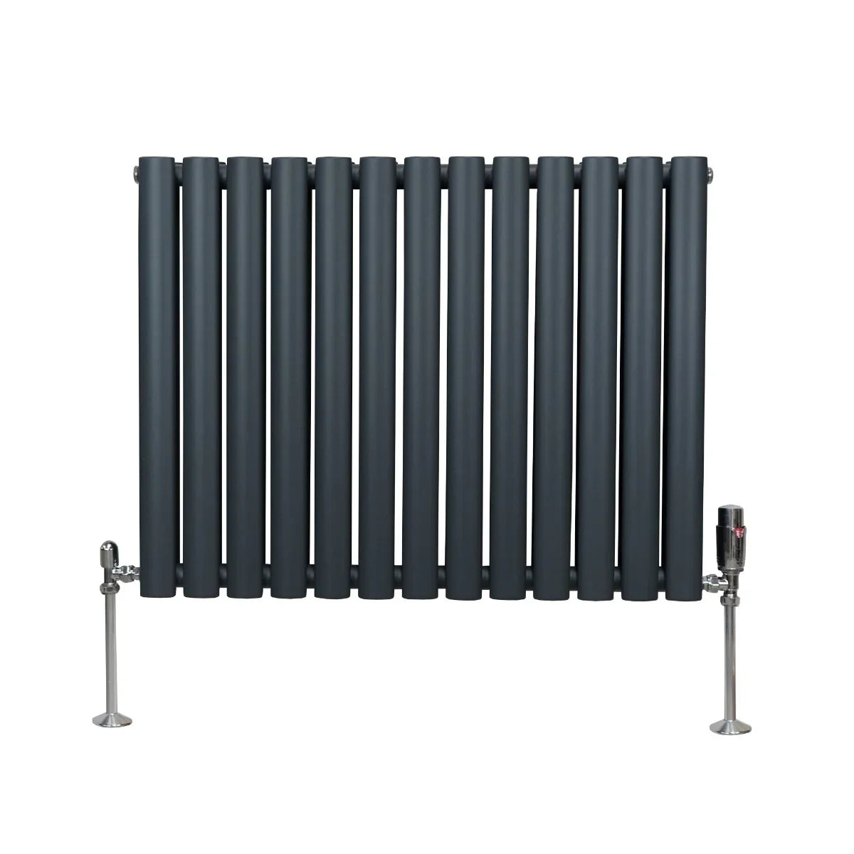 Oval column radiator in anthracite grey, featuring sleek, rounded tubes and polished valves, ideal for modern interiors