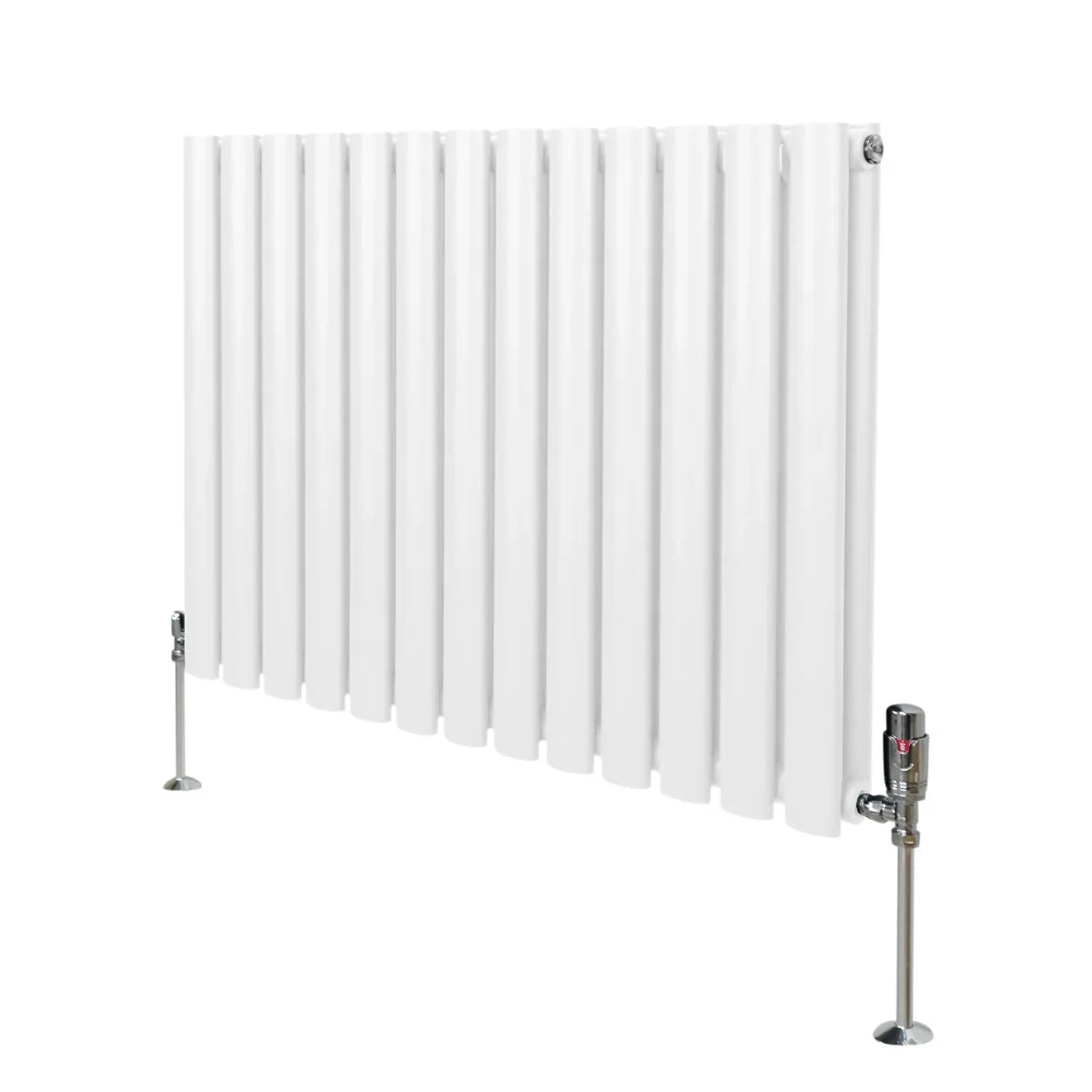 White oval column radiator with a sleek design, measuring 600mm x 780mm, featuring chrome valves and a smooth, glossy finish
