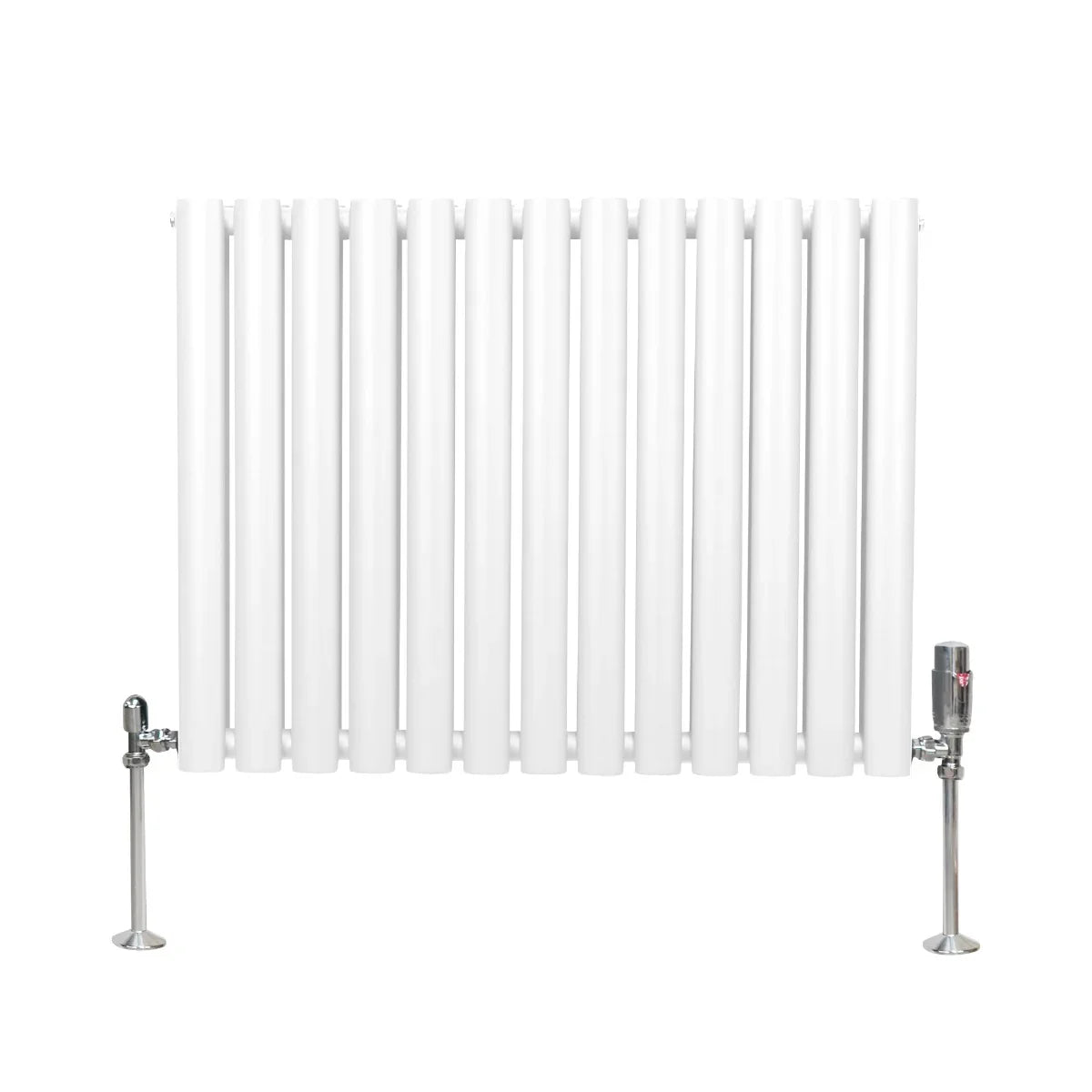 White oval column radiator with vertical tubes and chrome valves, measuring 600mm x 780mm, ideal for modern heating solutions