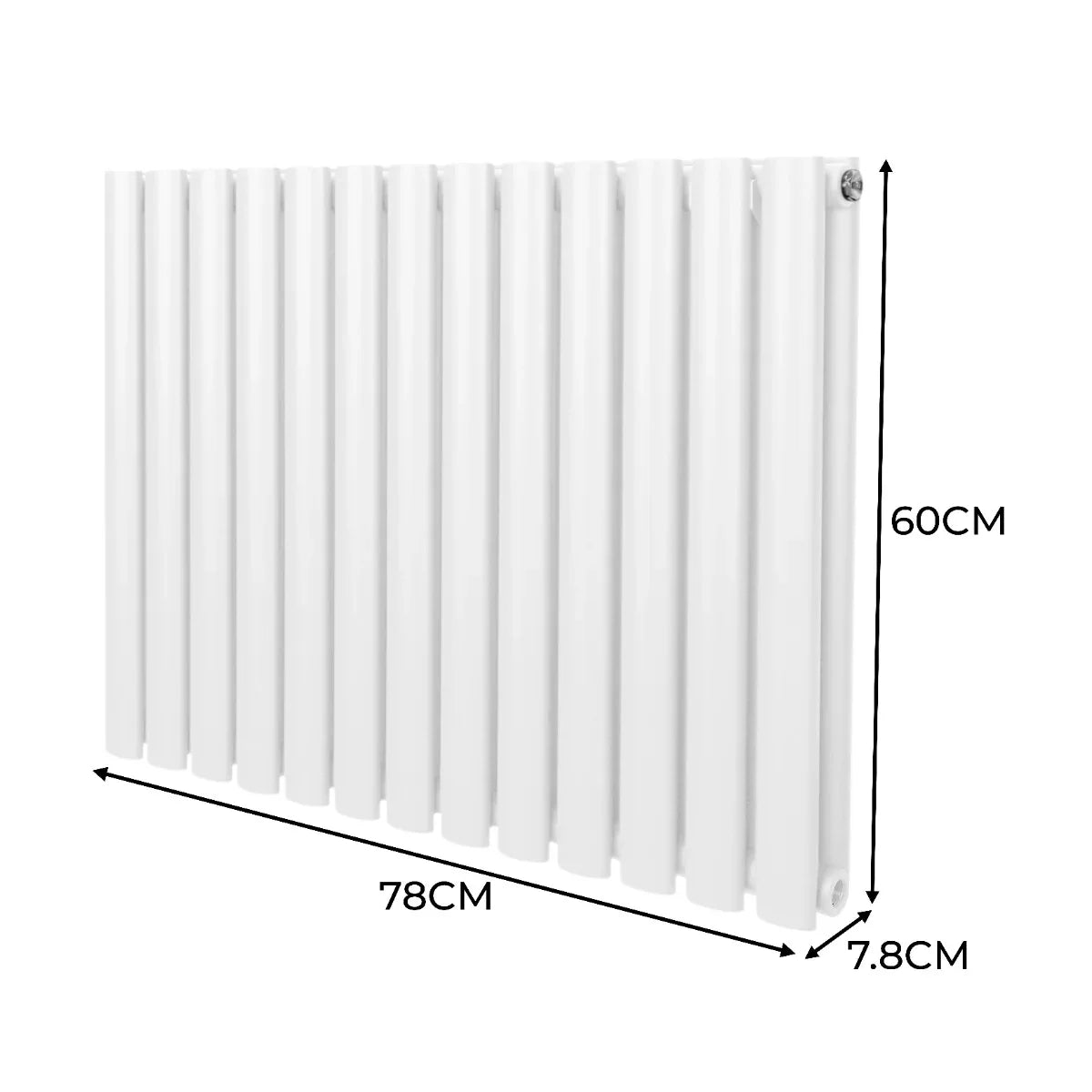 White oval column radiator measuring 600mm x 780mm with a sleek design, featuring vertical fins for efficient heating