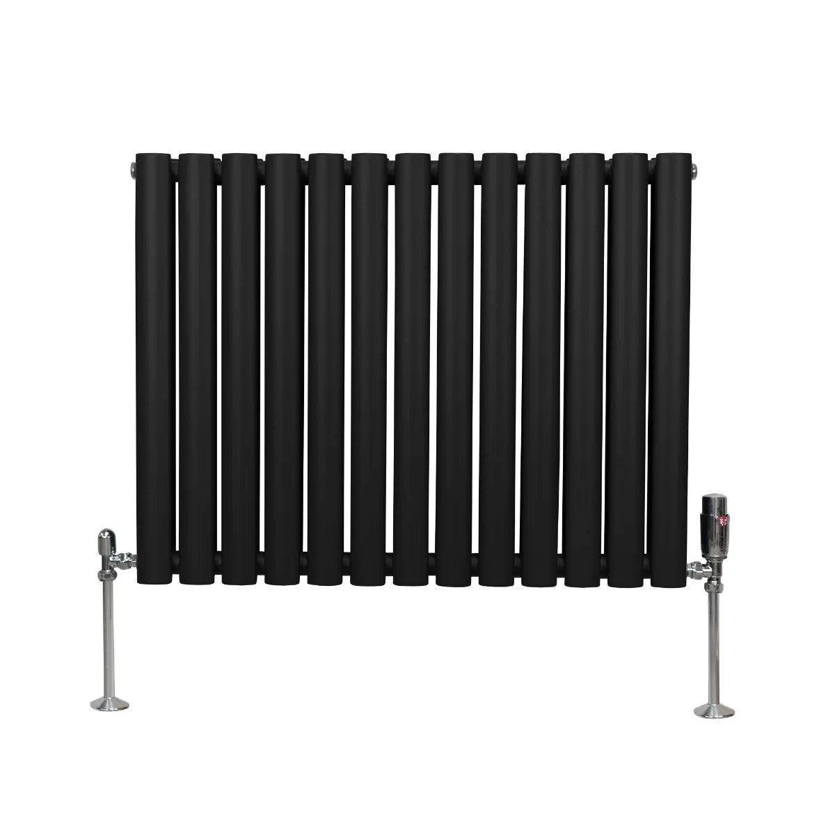 Black oval column radiator with vertical tubes, sleek design, and chrome valves, measuring 600mm x 780mm, ideal for modern spaces