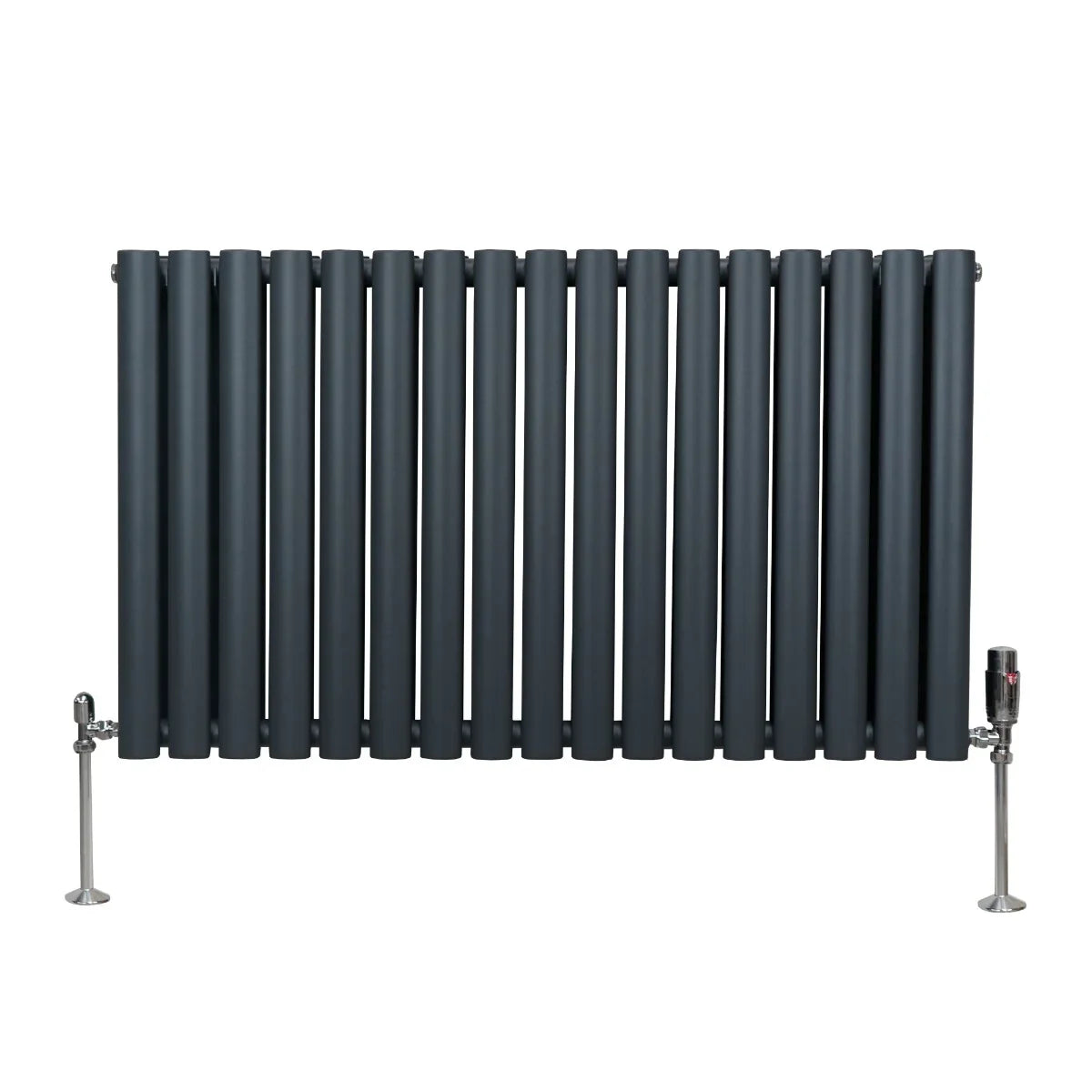 Oval column radiator in anthracite grey, featuring sleek vertical tubes and polished valves, ideal for modern heating solutions