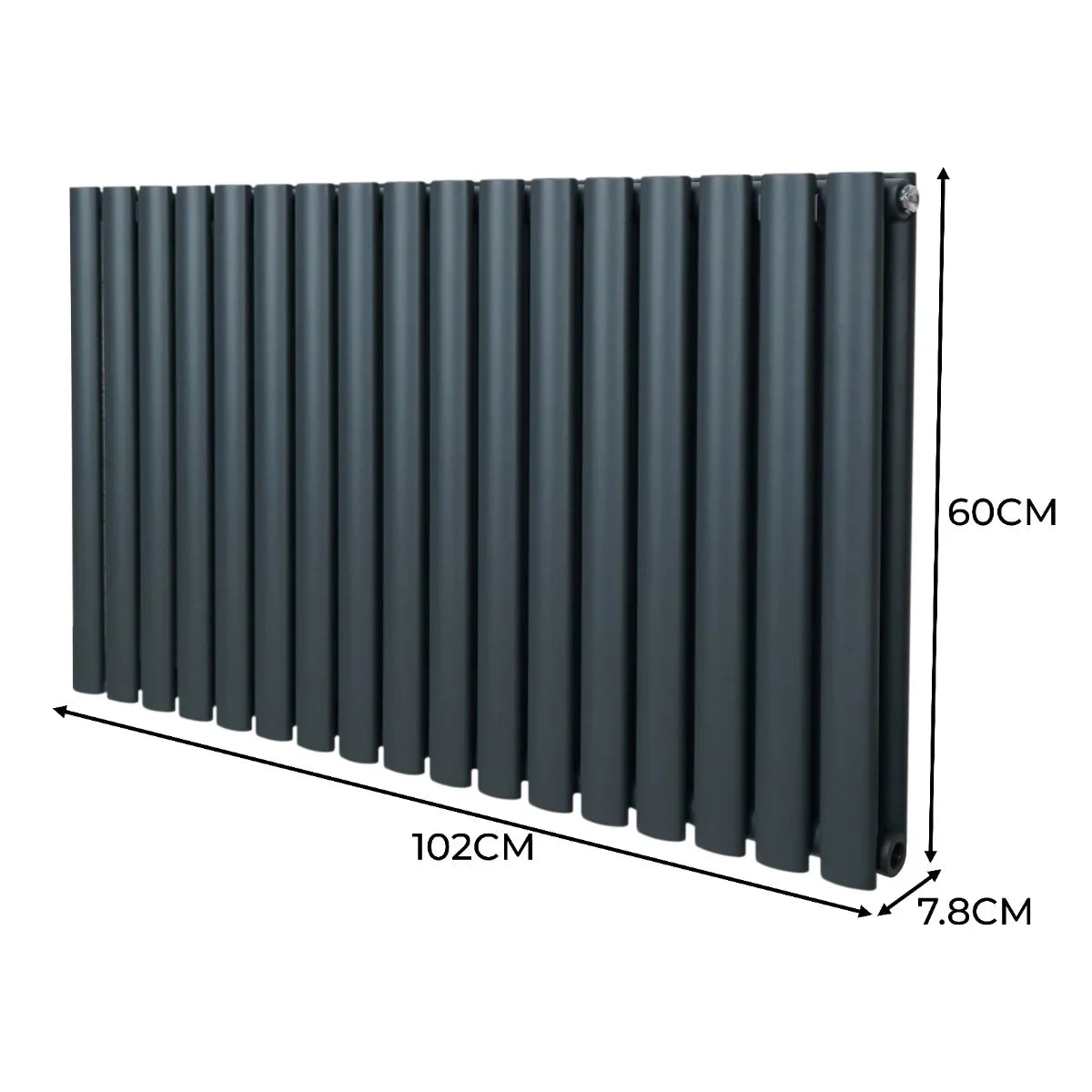 Oval column radiator in anthracite grey, measuring 600mm x 1020mm, featuring a sleek, modern design with vertical tubes