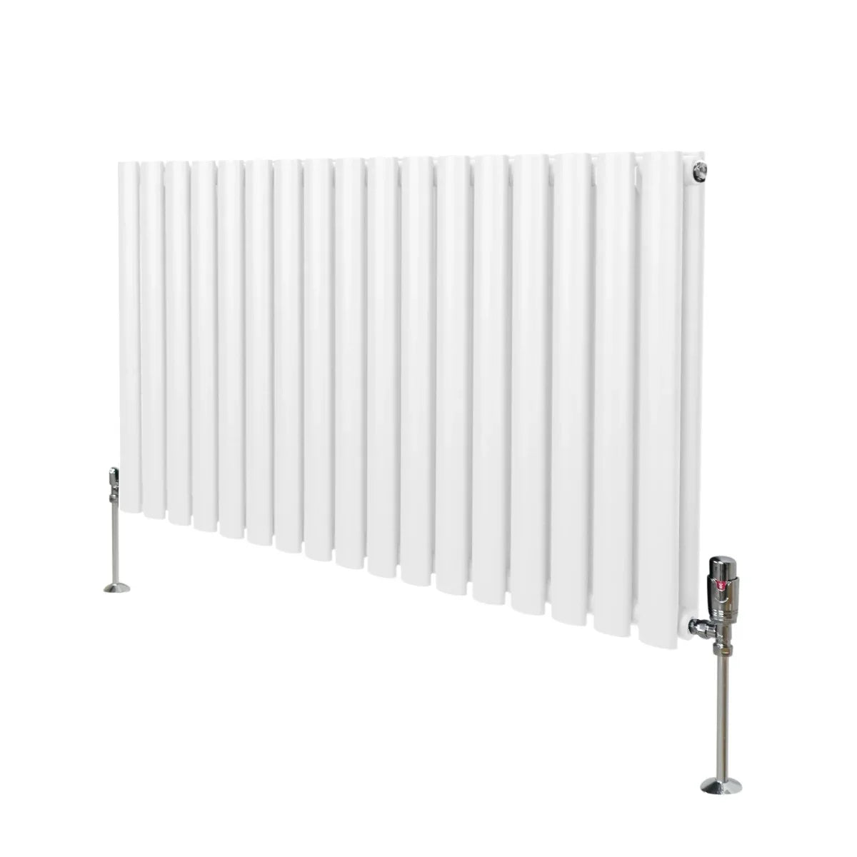 White oval column radiator measuring 600mm x 1020mm with sleek vertical panels and chrome valves for modern heating solutions