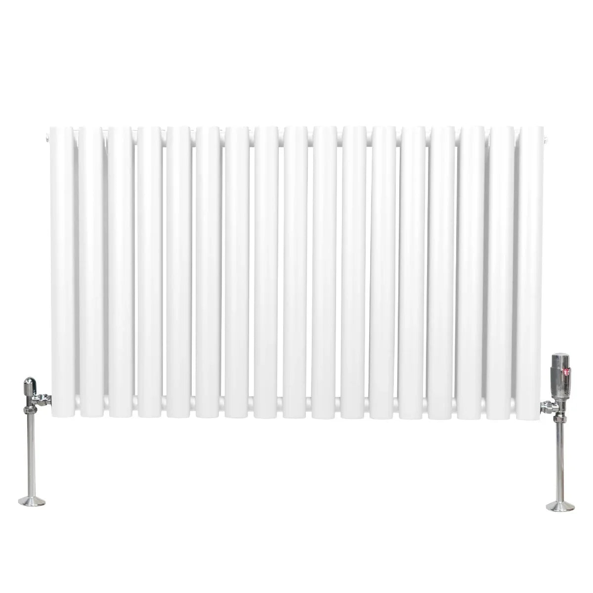White oval column radiator with vertical bars, featuring sleek chrome valves, designed for efficient heating in modern spaces