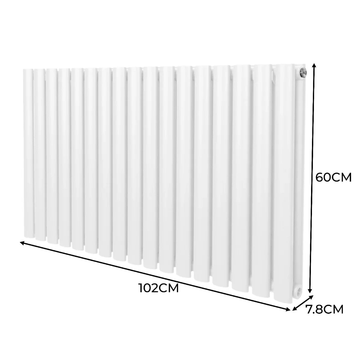 White oval column radiator measuring 600mm x 1020mm, featuring a sleek design with vertical fins and a smooth finish
