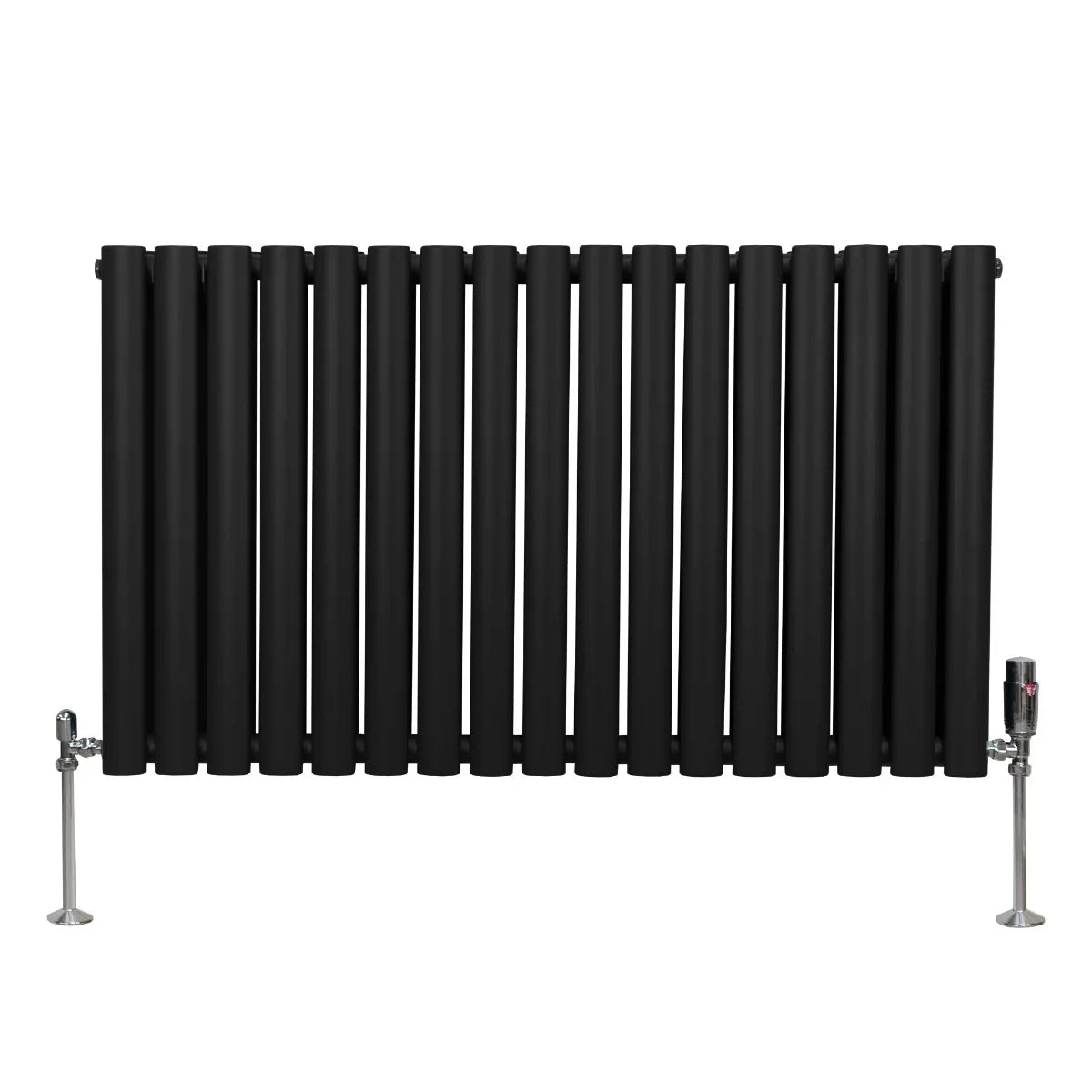 Black oval column radiator with sleek vertical bars, measuring 600mm x 1020mm, featuring polished valves on sturdy feet