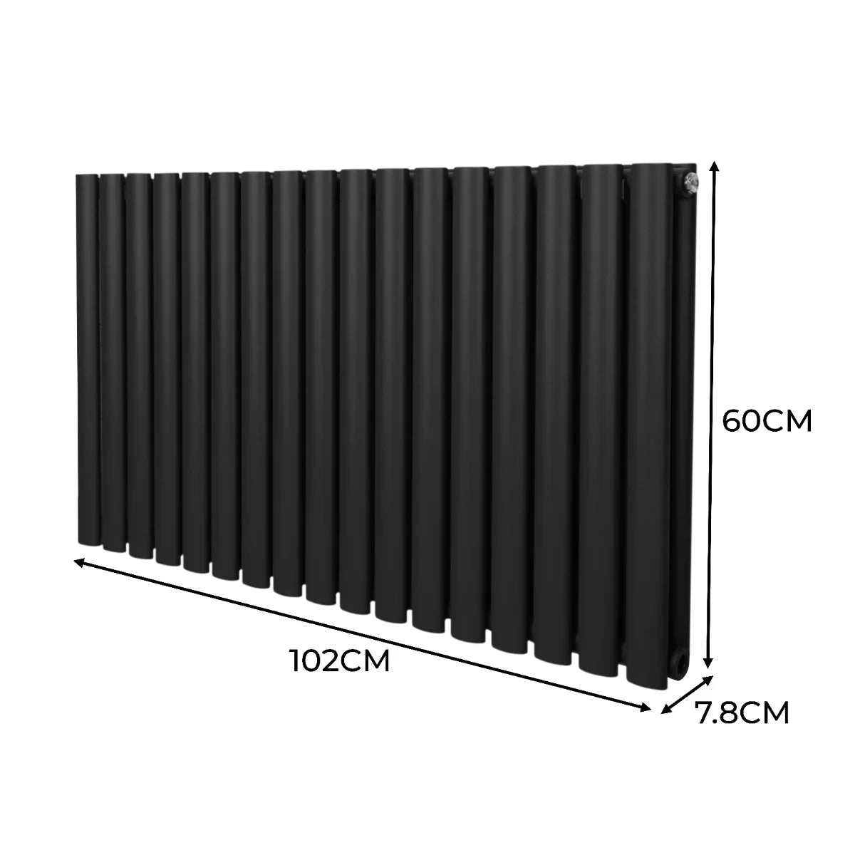 Sleek black oval column radiator measuring 600mm x 1020mm with smooth texture and modern design, ideal for stylish heating solutions