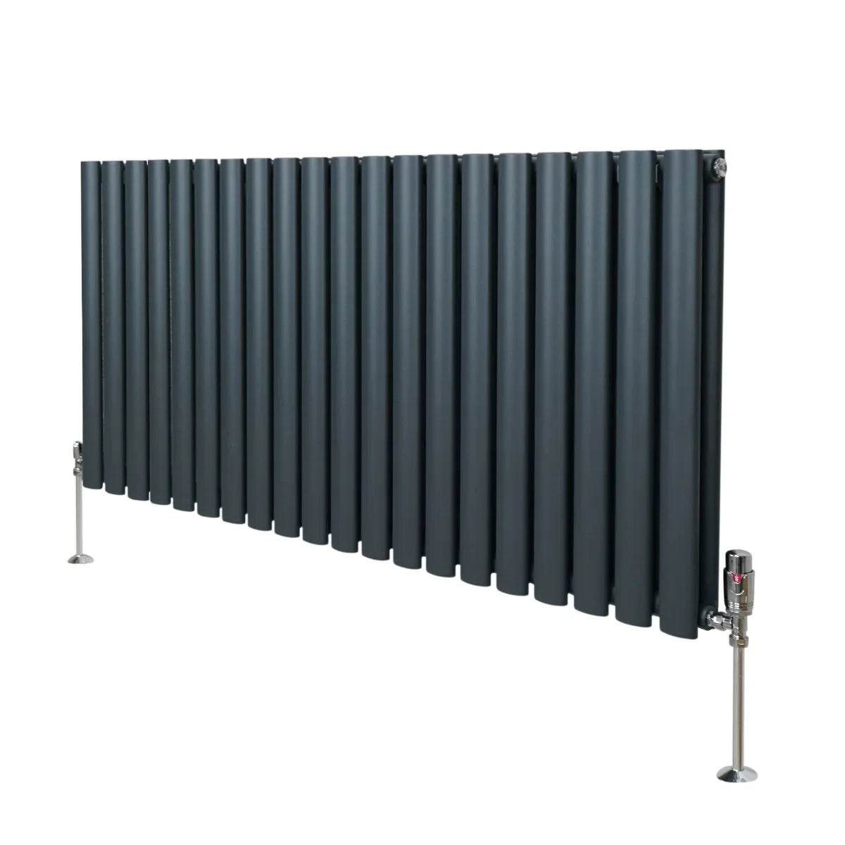 Oval column radiator in anthracite grey, measuring 600mm x 1200mm, featuring sleek vertical panels and stylish valves