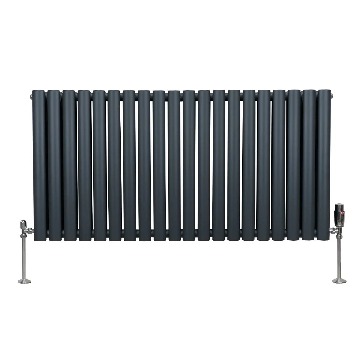 Oval column radiator in anthracite grey, featuring vertical slats and sleek valves, measuring 600mm x 1200mm, ideal for modern interiors
