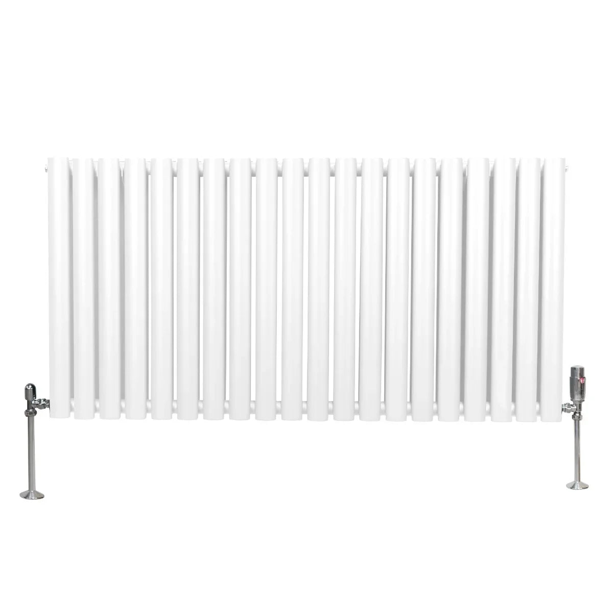 White oval column radiator with vertical fins, measuring 600mm x 1200mm, featuring chrome valves on both sides for efficient heating
