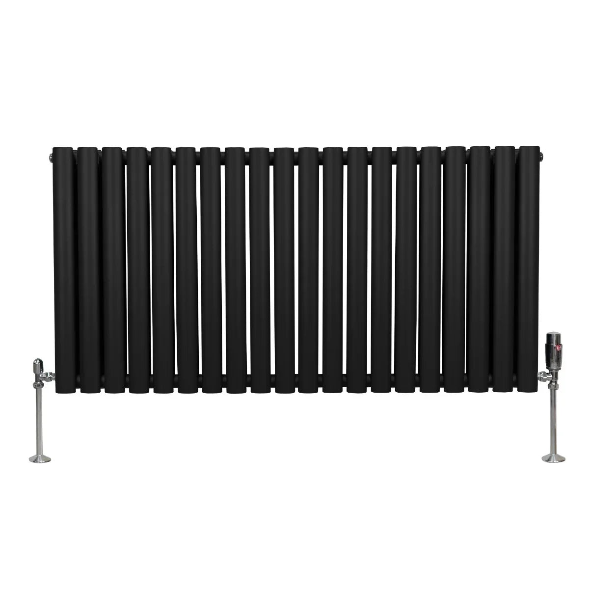 Sleek black oval column radiator with vertical bars, measuring 600mm x 1200mm, featuring polished valves for modern interiors