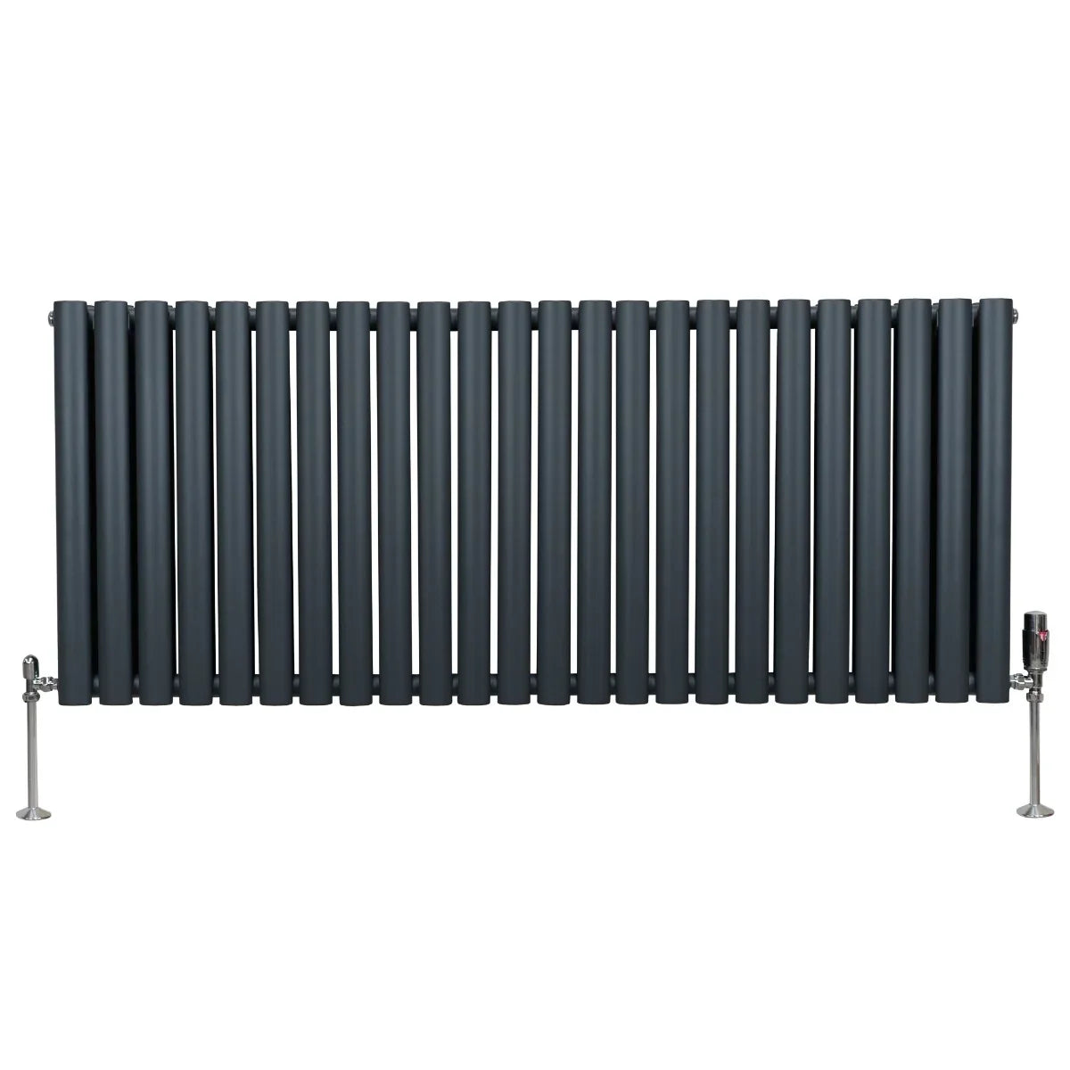 Anthracite grey oval column radiator with sleek vertical bars, measuring 600mm x 1440mm, featuring stylish valves on both ends