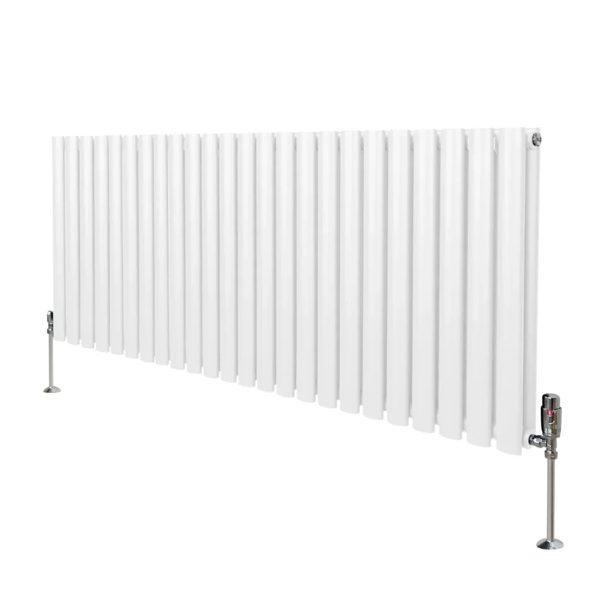White oval column radiator measuring 600mm x 1440mm with sleek vertical lines and chrome valves, ideal for modern interiors