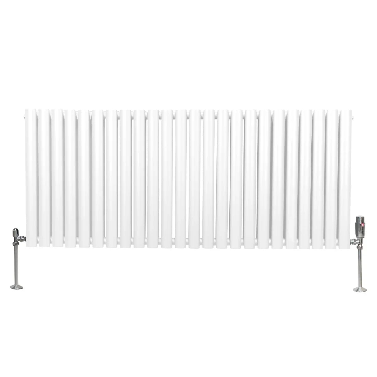 White oval column radiator with sleek vertical fins, measuring 600mm x 1440mm, featuring stylish valves on both ends