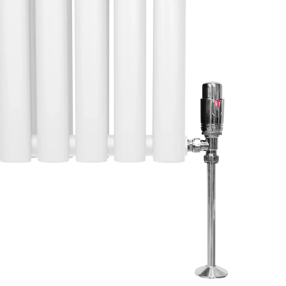 White oval column radiator with smooth, rounded edges and a polished chrome valve, designed for efficient heating in modern spaces