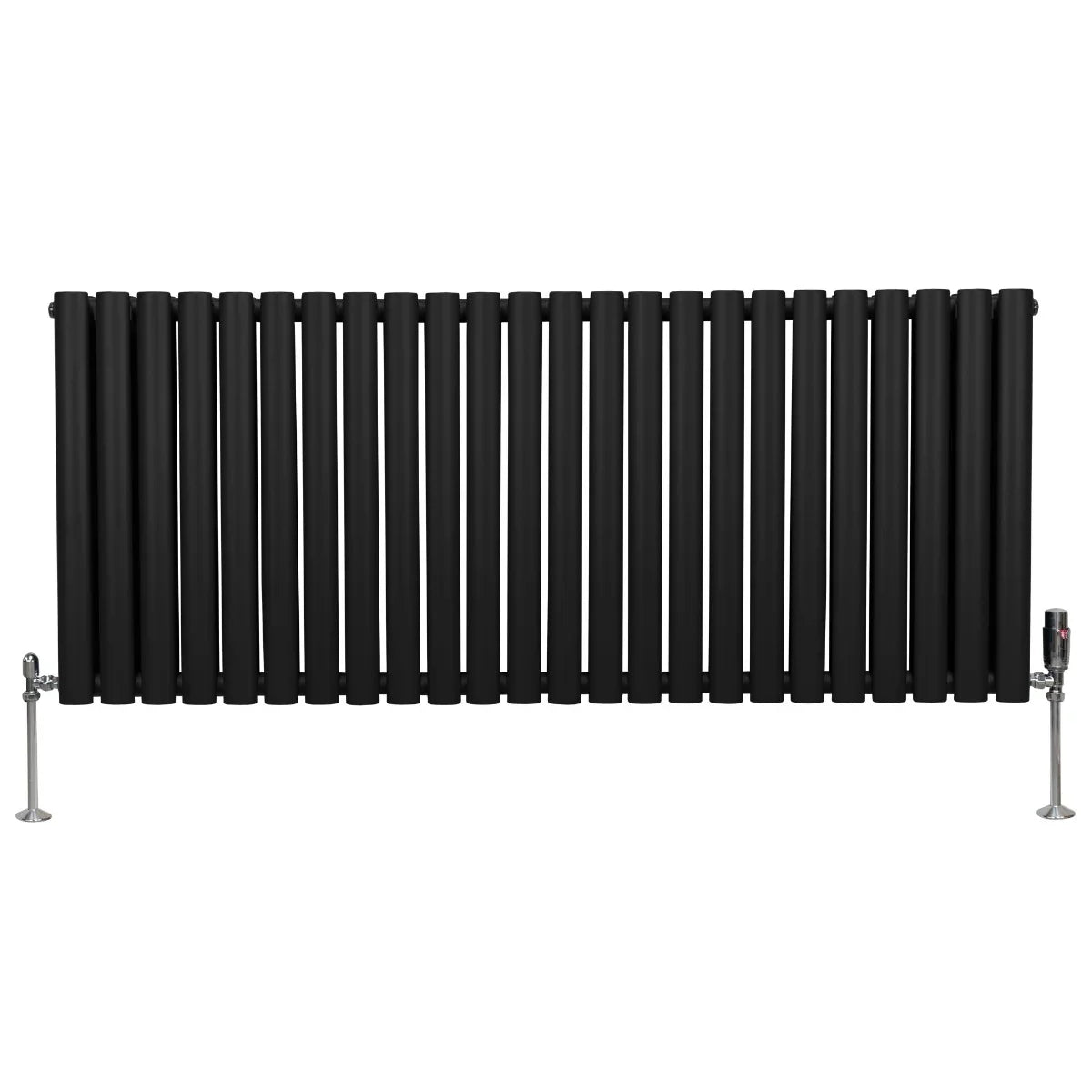Black oval column radiator measuring 600mm x 1440mm, featuring sleek vertical tubes and chrome valves for modern heating solutions