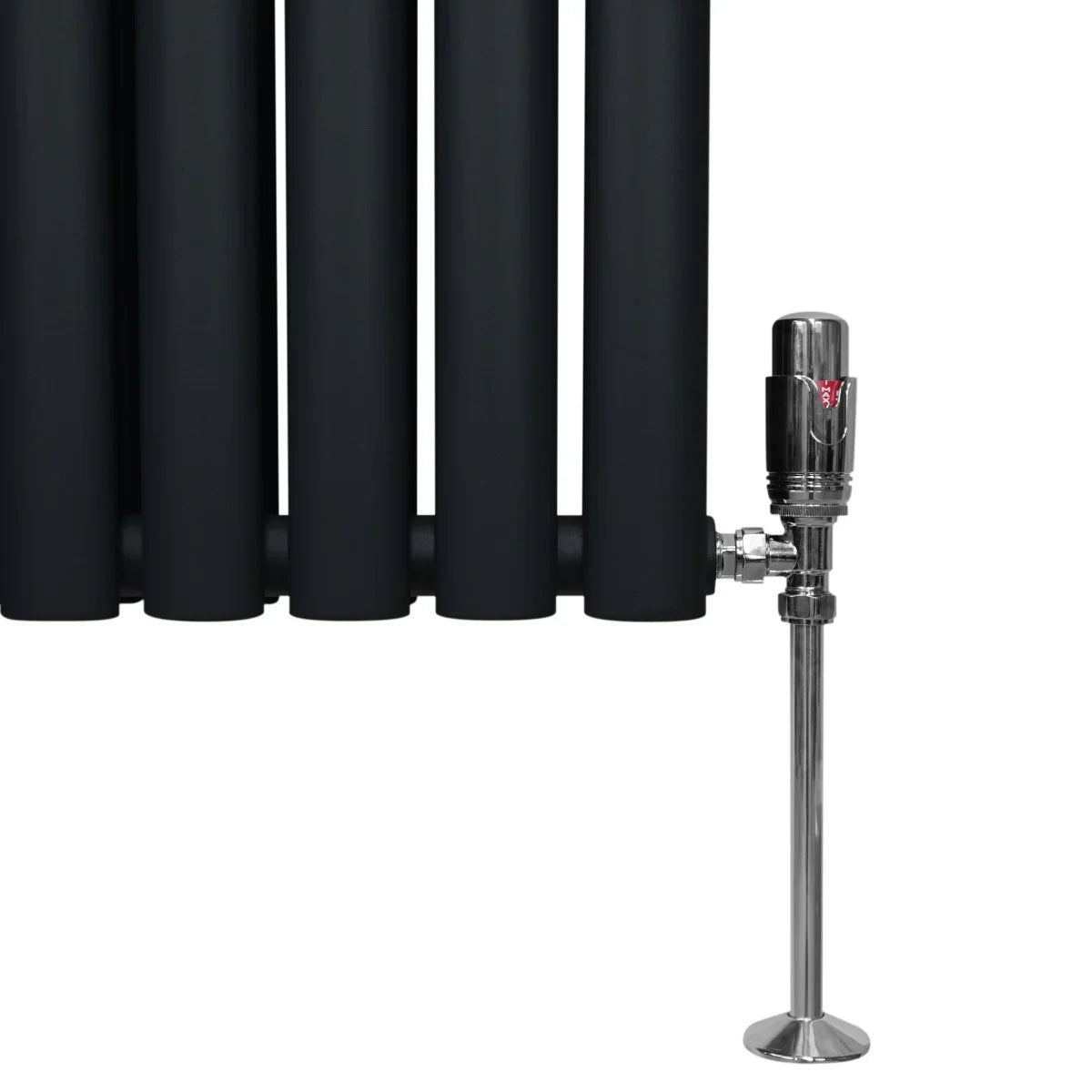 Black oval column radiator with smooth matte finish, featuring four rounded sections and a chrome valve for modern heating solutions