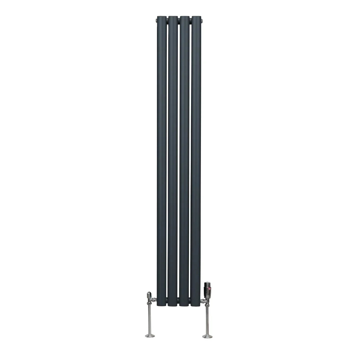 Anthracite grey oval column radiator, 1600mm x 240mm, featuring sleek vertical lines and modern valves for efficient heating