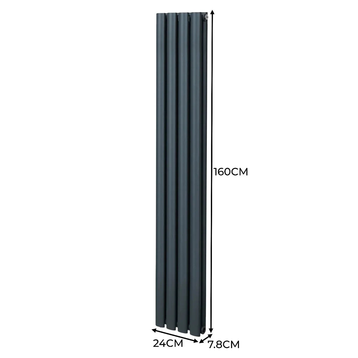 Oval column radiator in anthracite grey, measuring 1600mm x 240mm, featuring a sleek, modern design with vertical fins