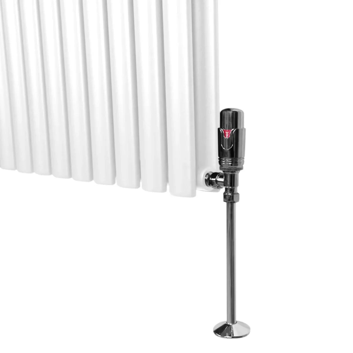 Oval column radiator in white, 1600mm x 240mm, featuring sleek vertical fins and a chrome valve for modern heating solutions