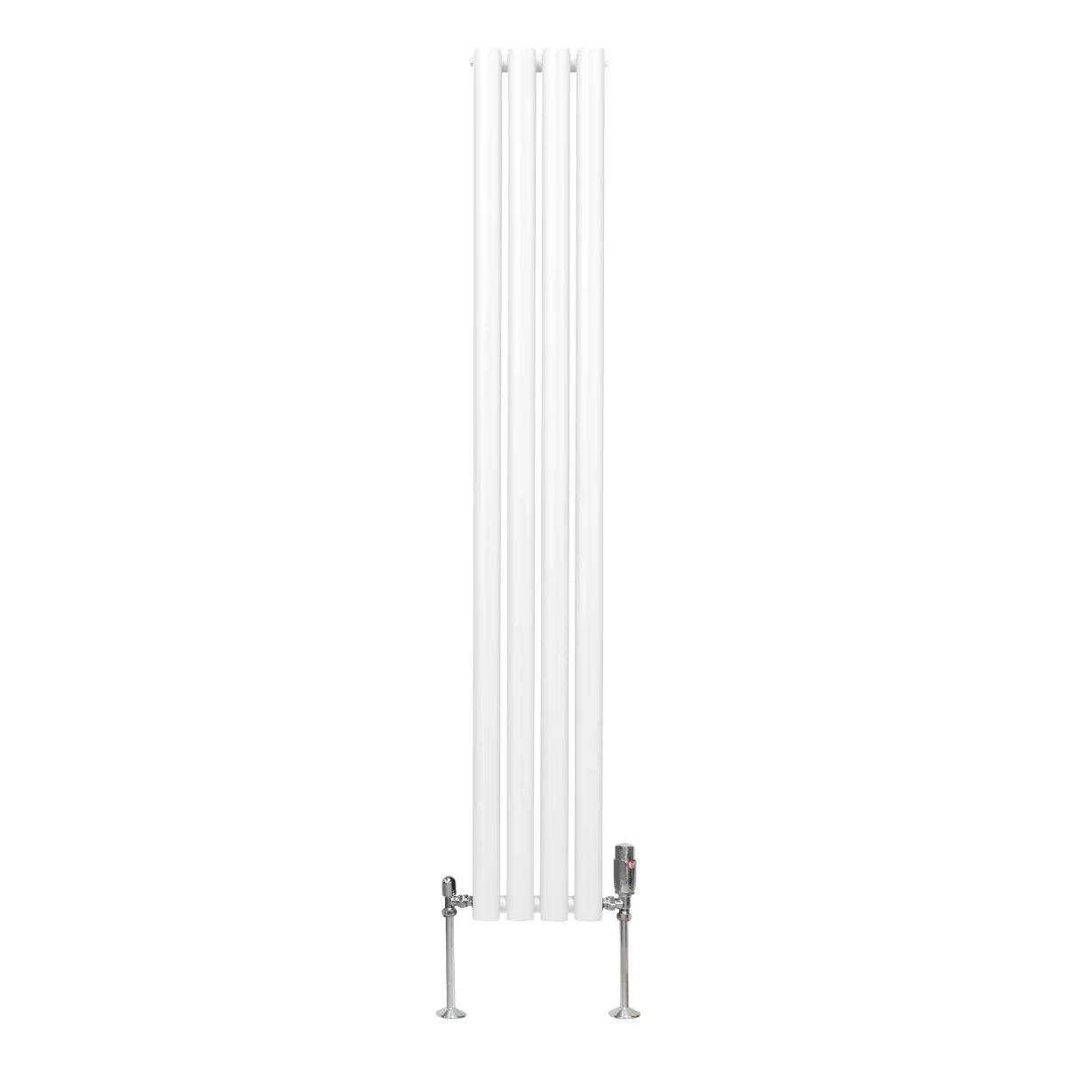 Sleek white oval column radiator with four vertical panels, featuring chrome valves, ideal for modern heating solutions