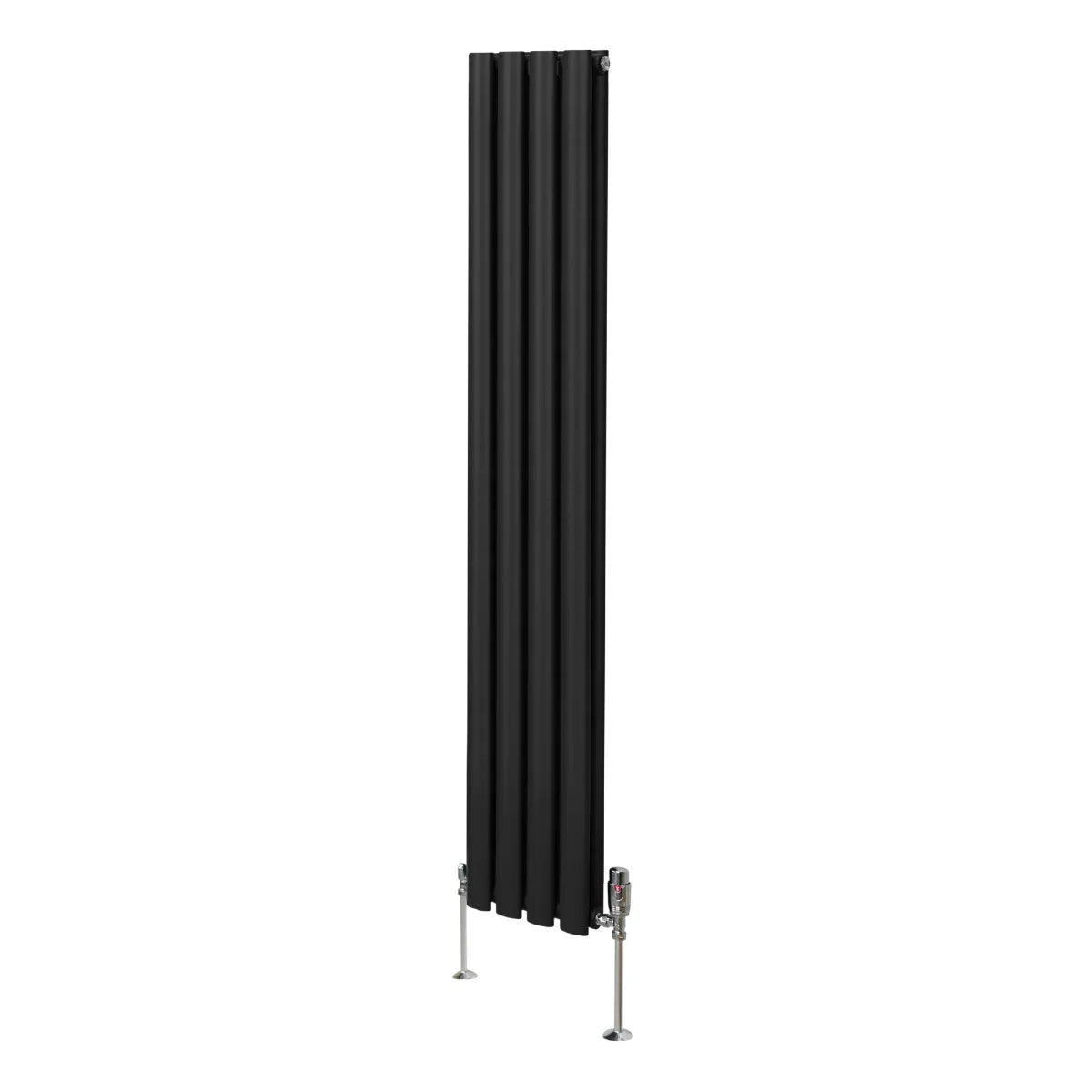 Sleek black oval column radiator measuring 1600mm x 240mm, featuring vertical fins and stylish valves for modern heating solutions