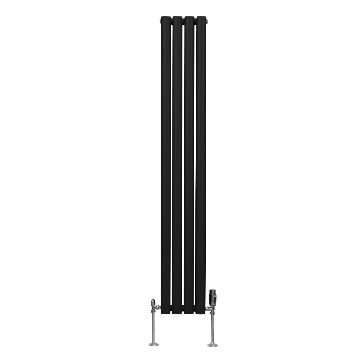 Sleek black oval column radiator with four vertical panels and stylish valves, measuring 1600mm x 240mm, ideal for modern spaces