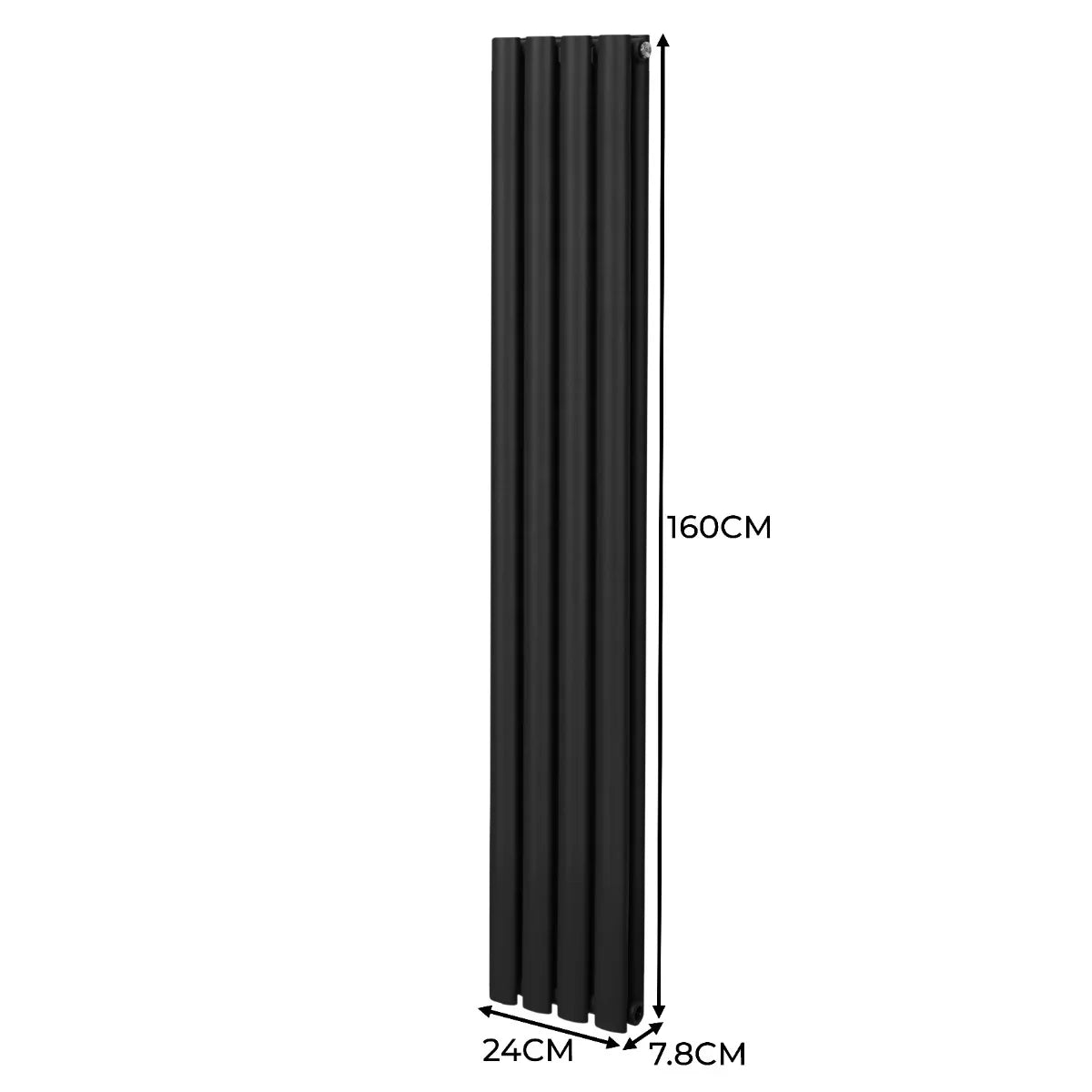 Sleek black oval column radiator measuring 1600mm x 240mm, featuring a smooth finish and vertical design for modern spaces
