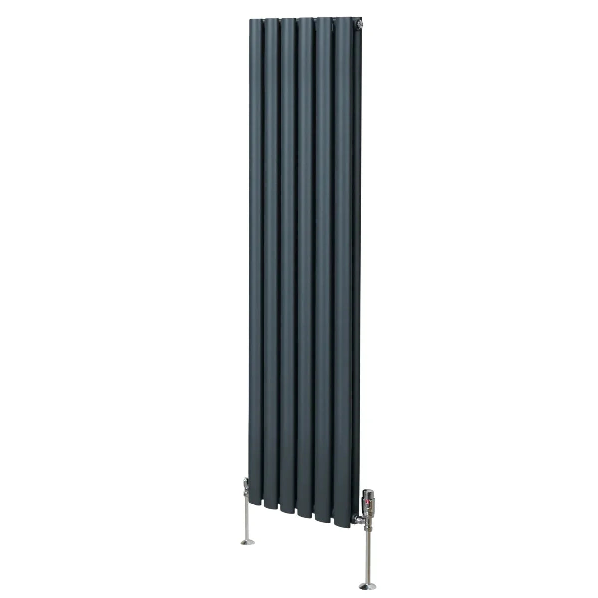 Oval column radiator in anthracite grey, 1600mm x 360mm, featuring sleek vertical lines and modern valve design for efficient heating
