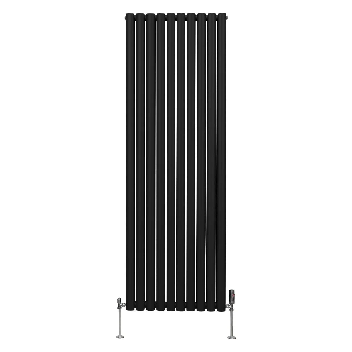 Sleek black oval column radiator measuring 1800mm x 600mm with vertical bars and stylish valves, ideal for modern interiors