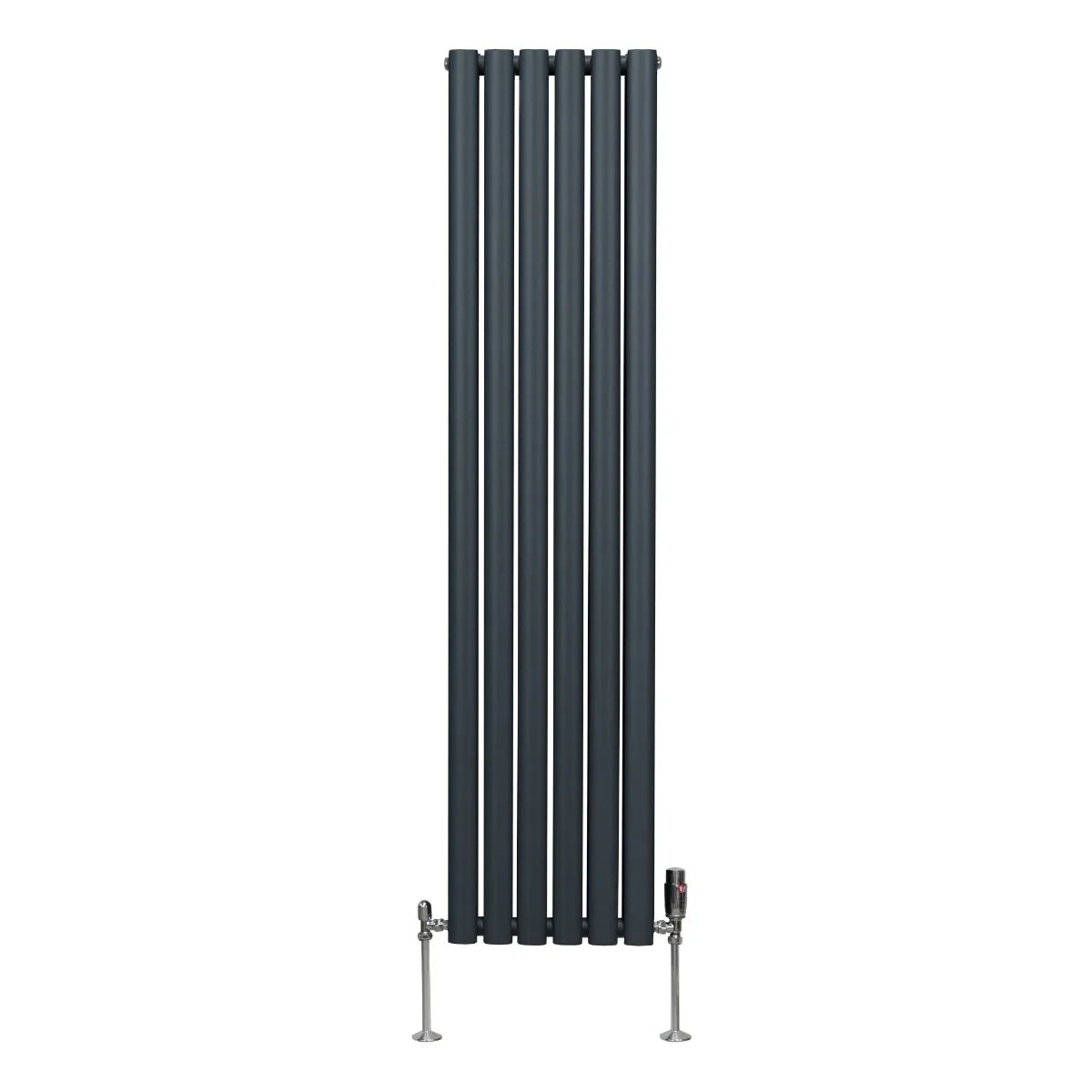 Oval column radiator in anthracite grey, 1600mm x 360mm, featuring vertical bars and sleek valves for modern heating solutions