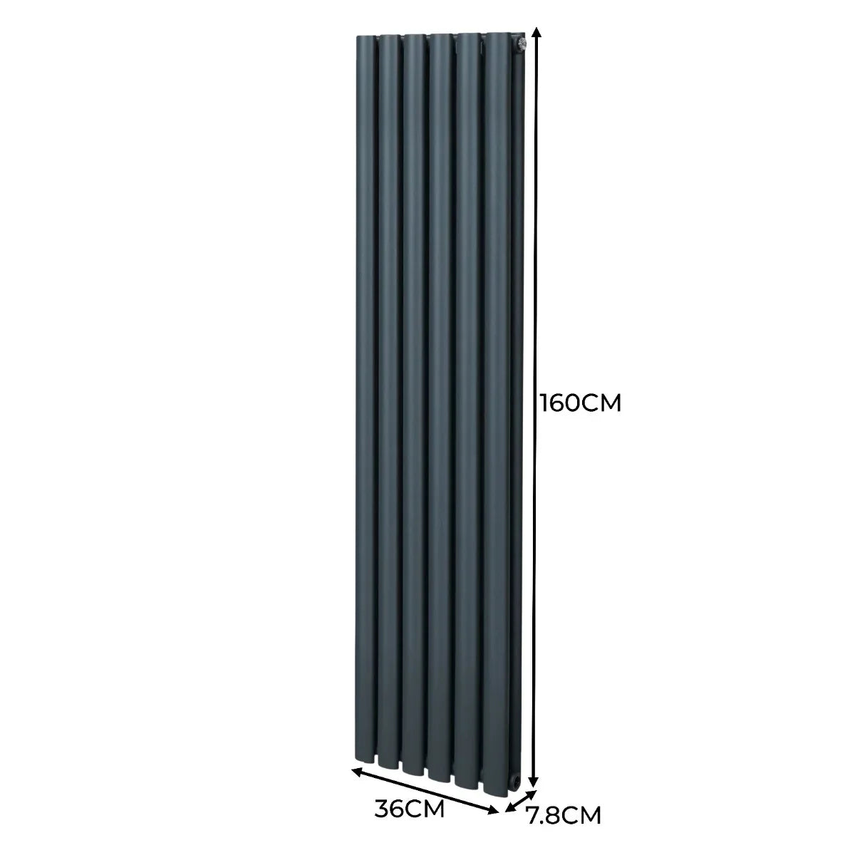 Oval column radiator in anthracite grey, measuring 1600mm x 360mm, featuring a sleek, modern design with vertical fins