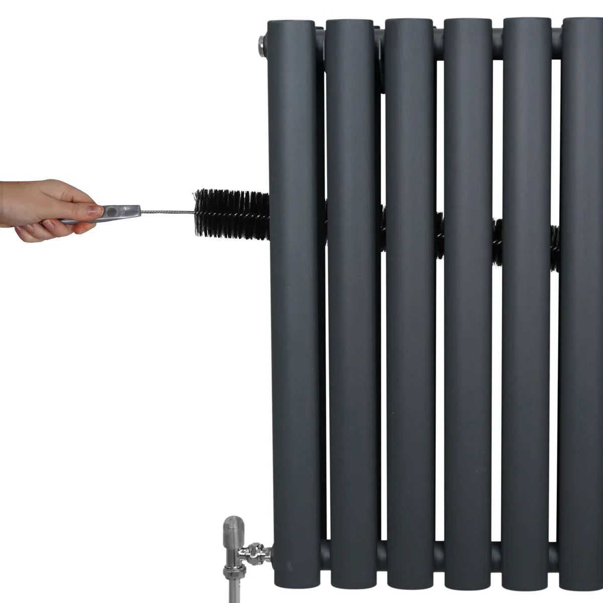 Anthracite grey oval column radiator with five vertical panels, hand adjusting valve, showcasing sleek modern design and durable finish