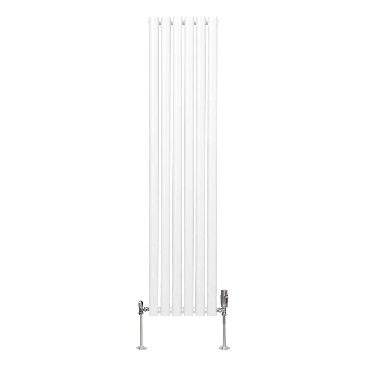 Sleek white oval column radiator measuring 1600mm x 360mm with polished valves, featuring a modern vertical design and smooth finish
