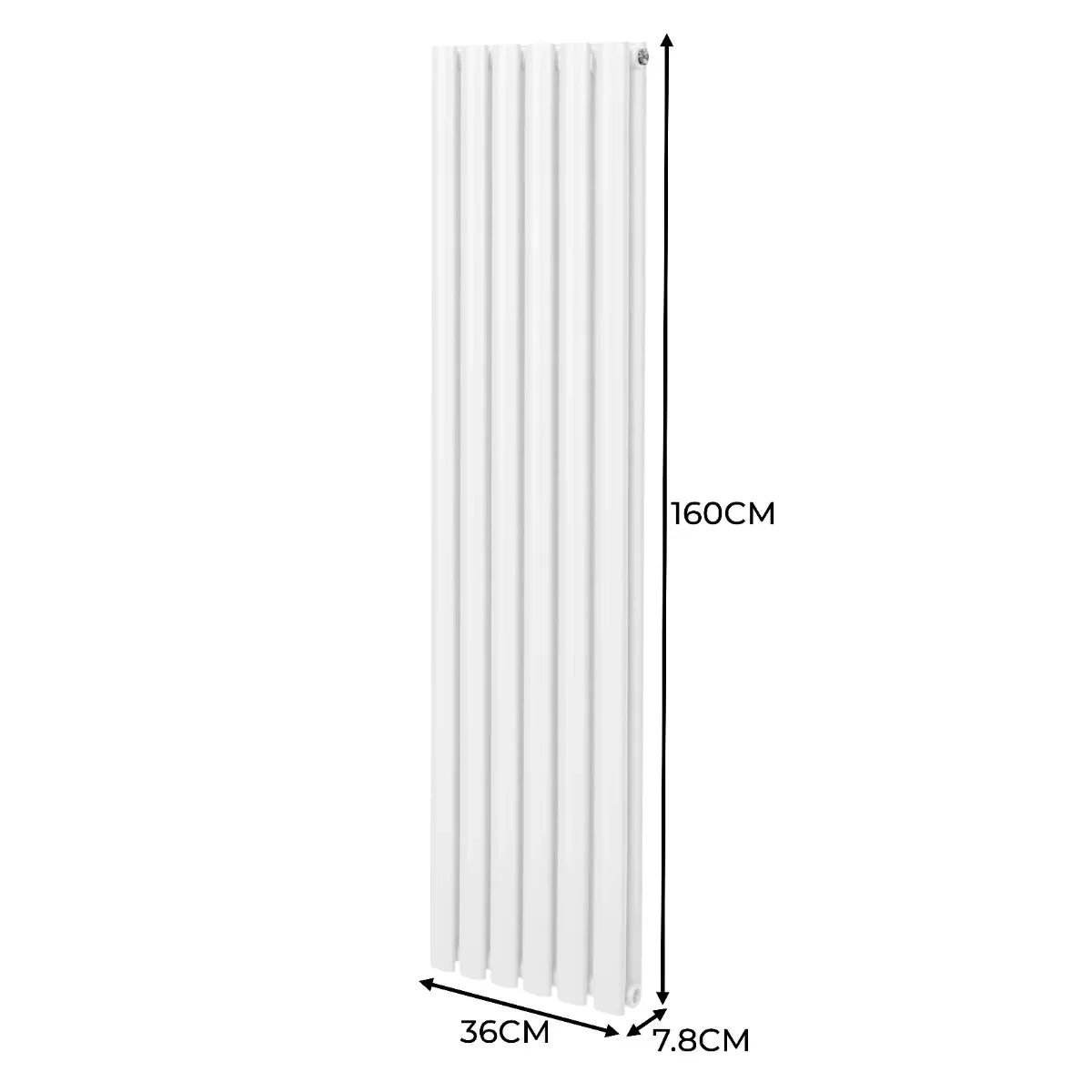 Sleek white oval column radiator measuring 1600mm x 360mm, featuring vertical lines and a smooth, modern finish