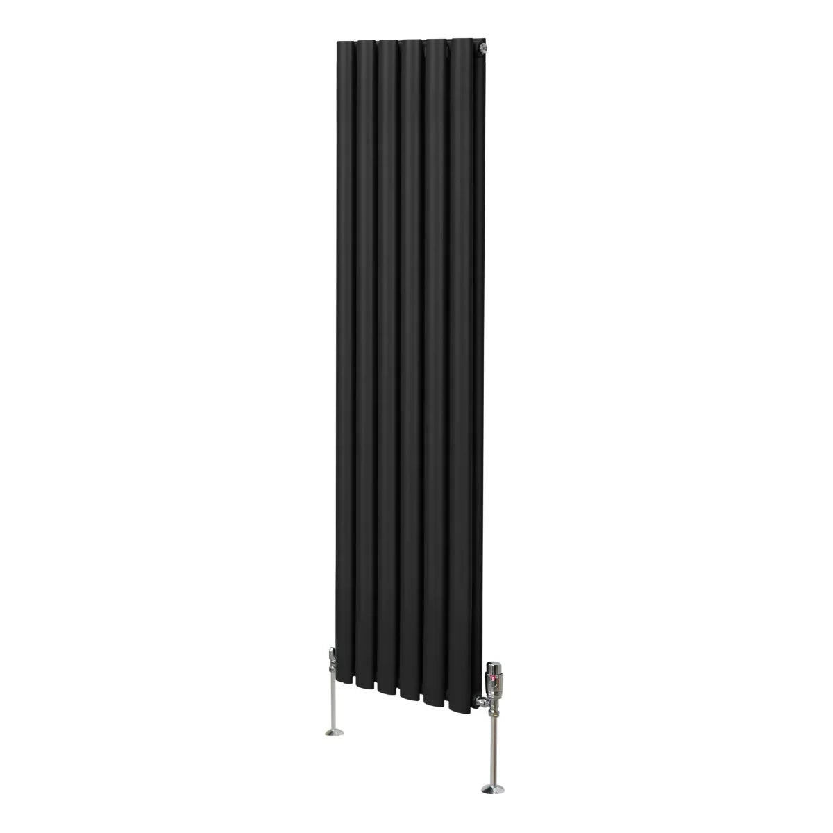 Sleek black oval column radiator measuring 1600mm x 360mm with modern vertical design and stylish valves for efficient heating