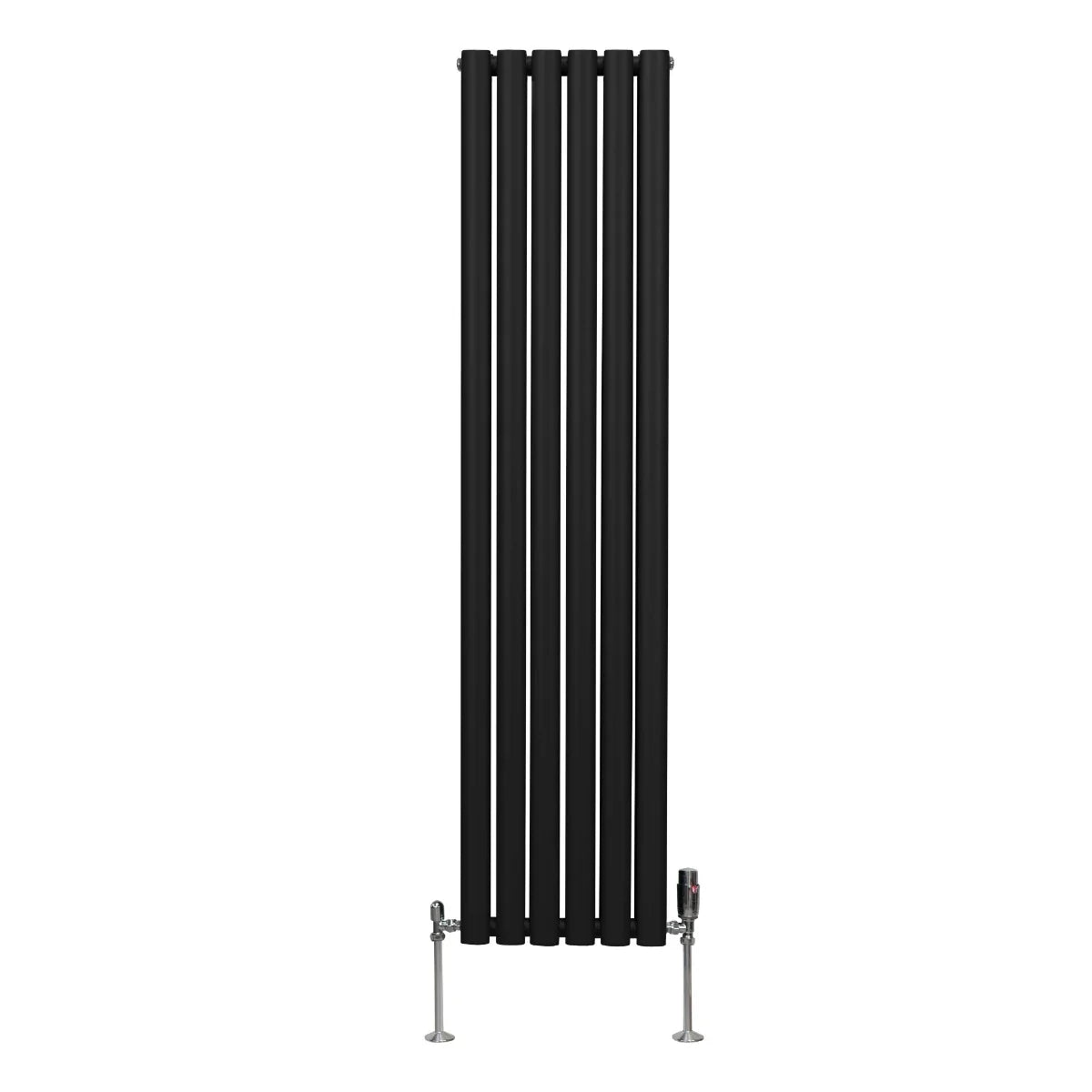 Sleek black oval column radiator measuring 1600mm x 360mm with modern vertical design and stylish valves for efficient heating