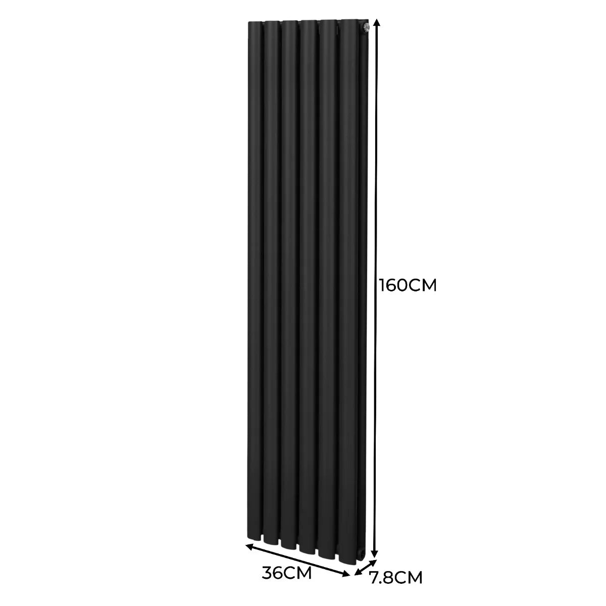 Sleek black oval column radiator measuring 1600mm x 360mm, featuring a modern design with vertical fins for efficient heating