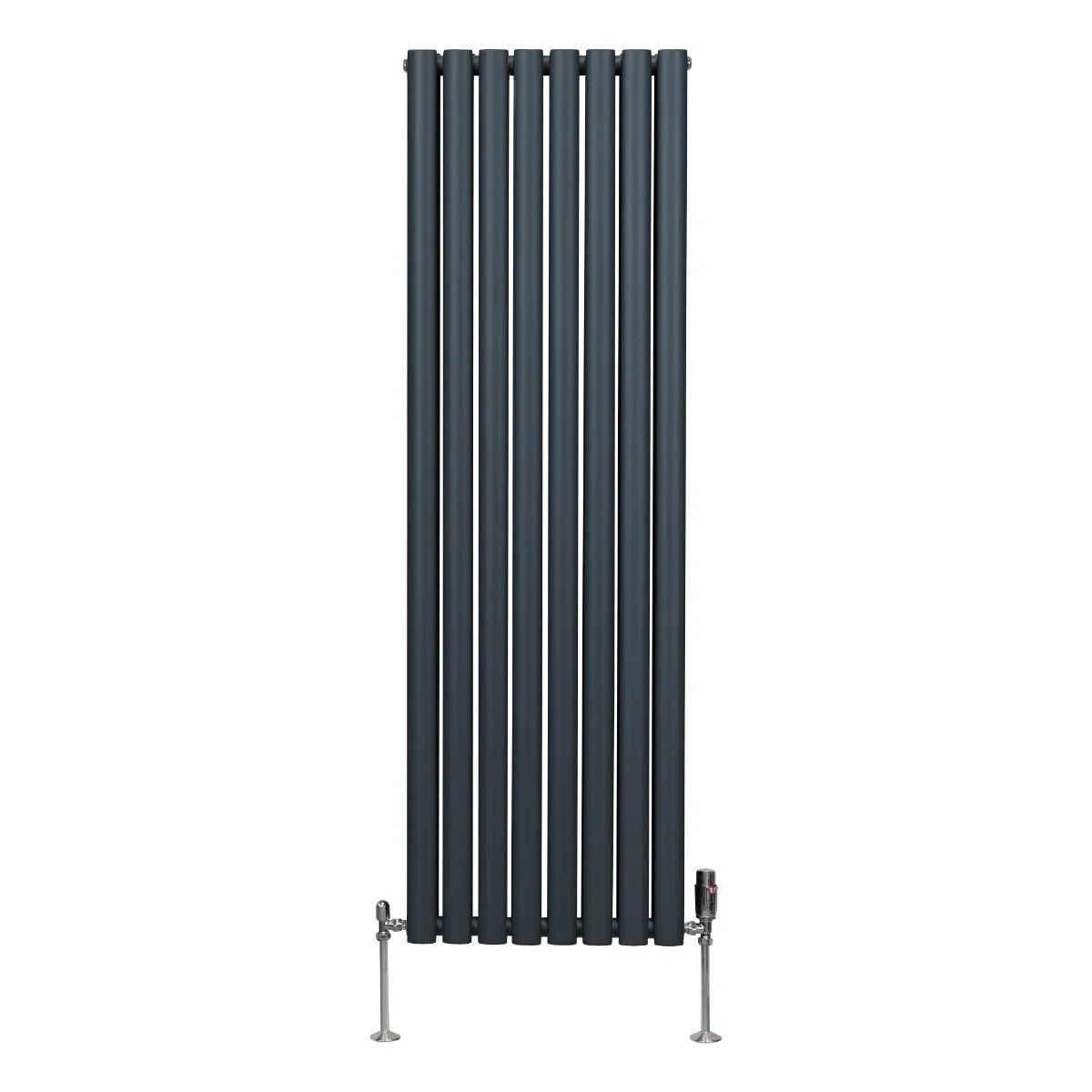 Oval column radiator in anthracite grey, 1600mm x 480mm, featuring vertical bars and stylish valves for modern heating solutions