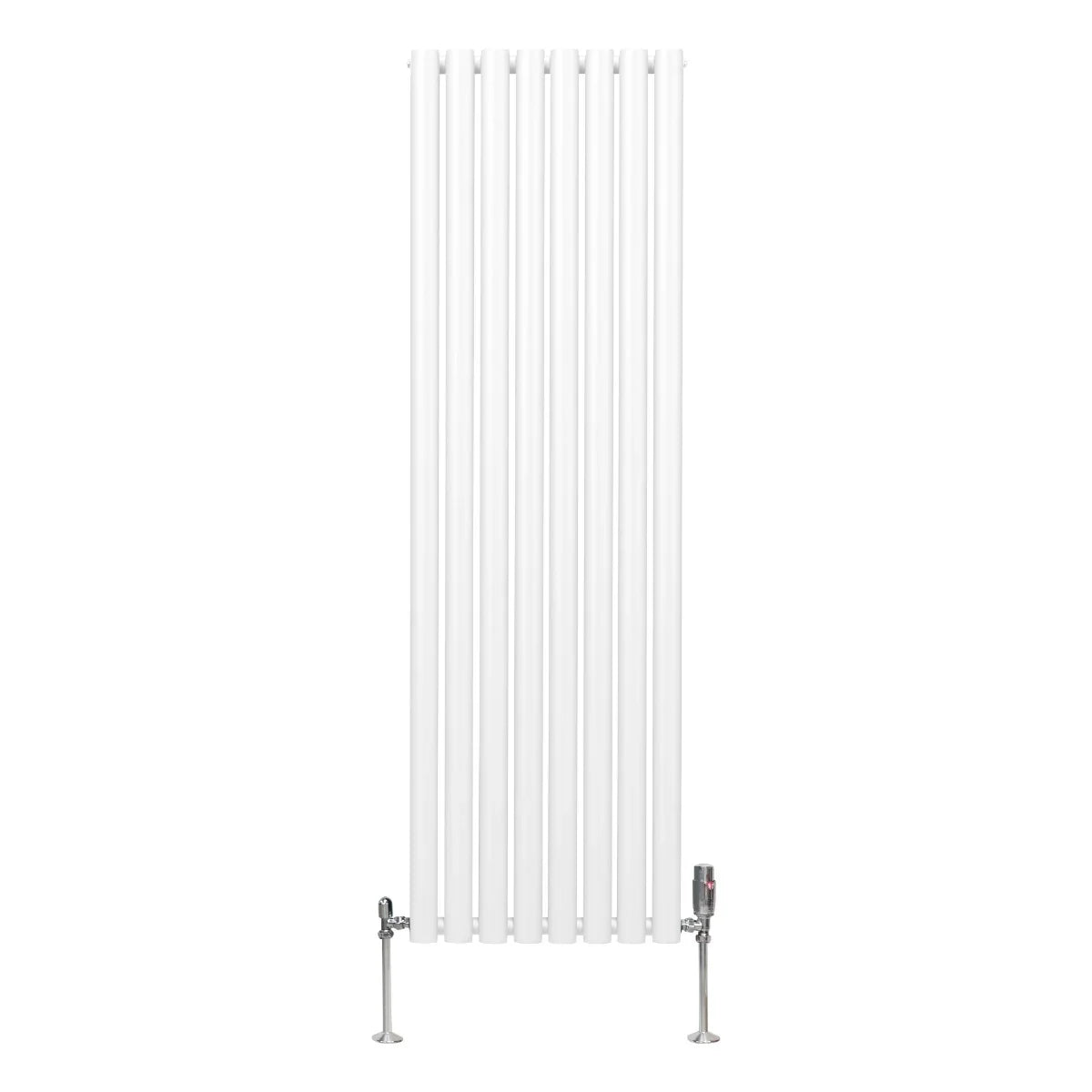 Sleek white oval column radiator measuring 1600mm x 480mm with polished valves, featuring a modern vertical design and smooth finish