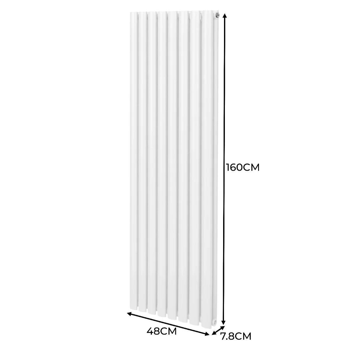 Sleek white oval column radiator measuring 1600mm x 480mm, featuring vertical lines and a smooth, modern finish